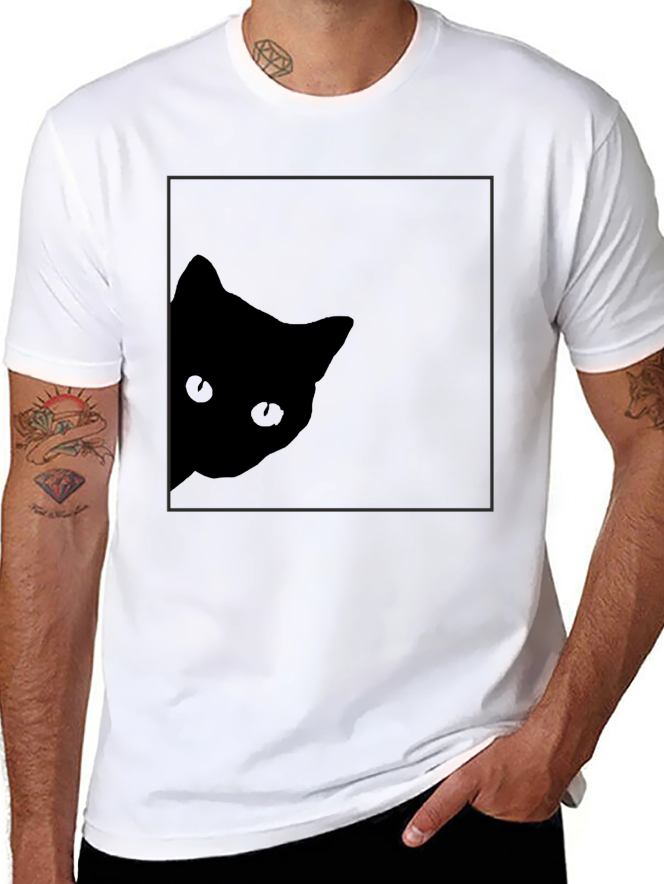 Stealthy Cat Black T-Shirt: Peek-a-Boo Style