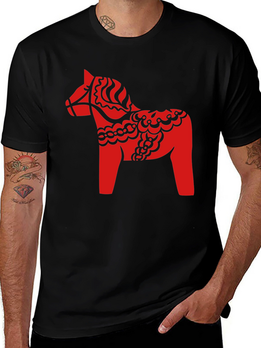 Red Dala Horse Graphic Tee - Black Cotton Blend