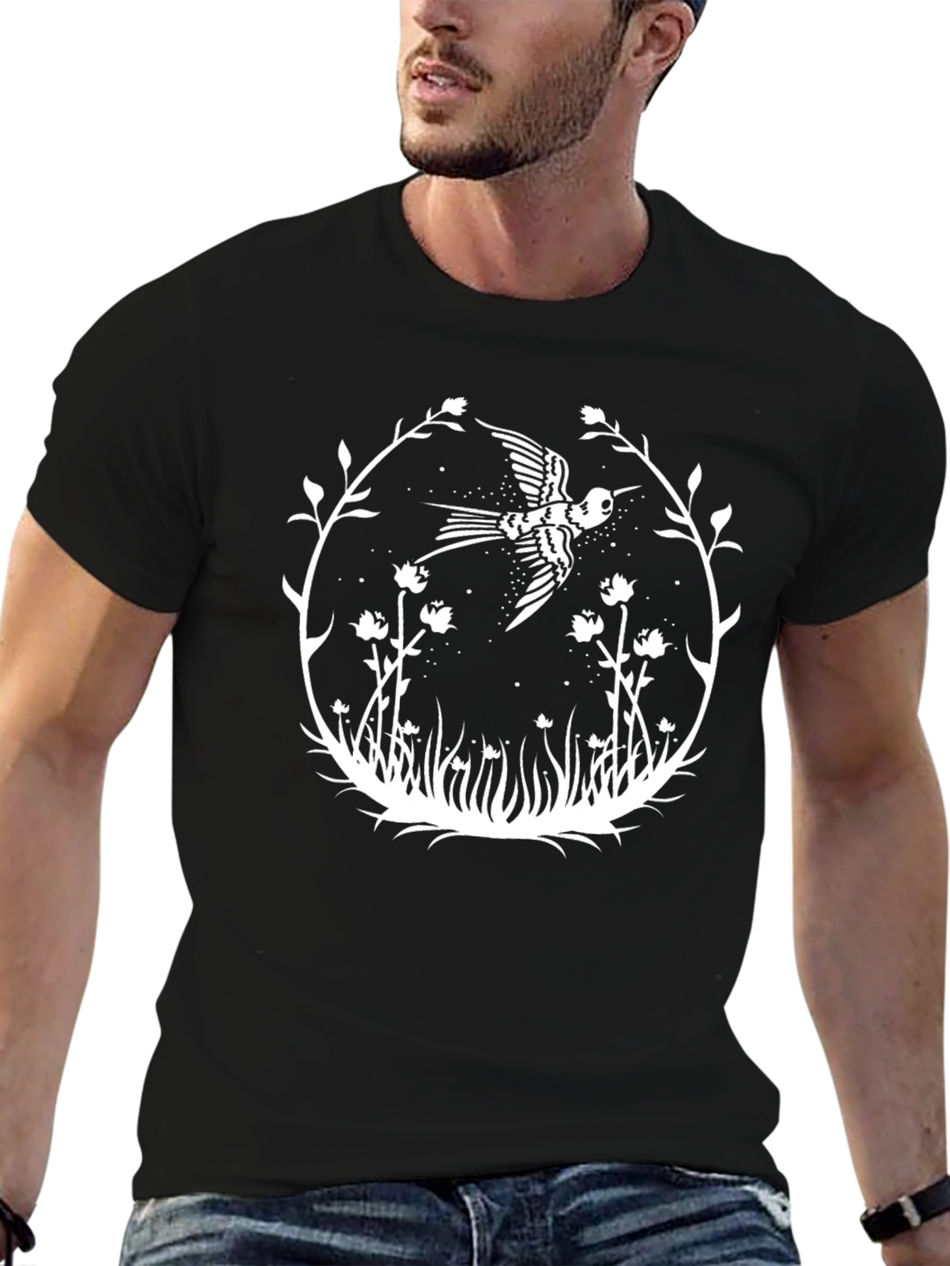 Bird & Floral Graphic Black Tee