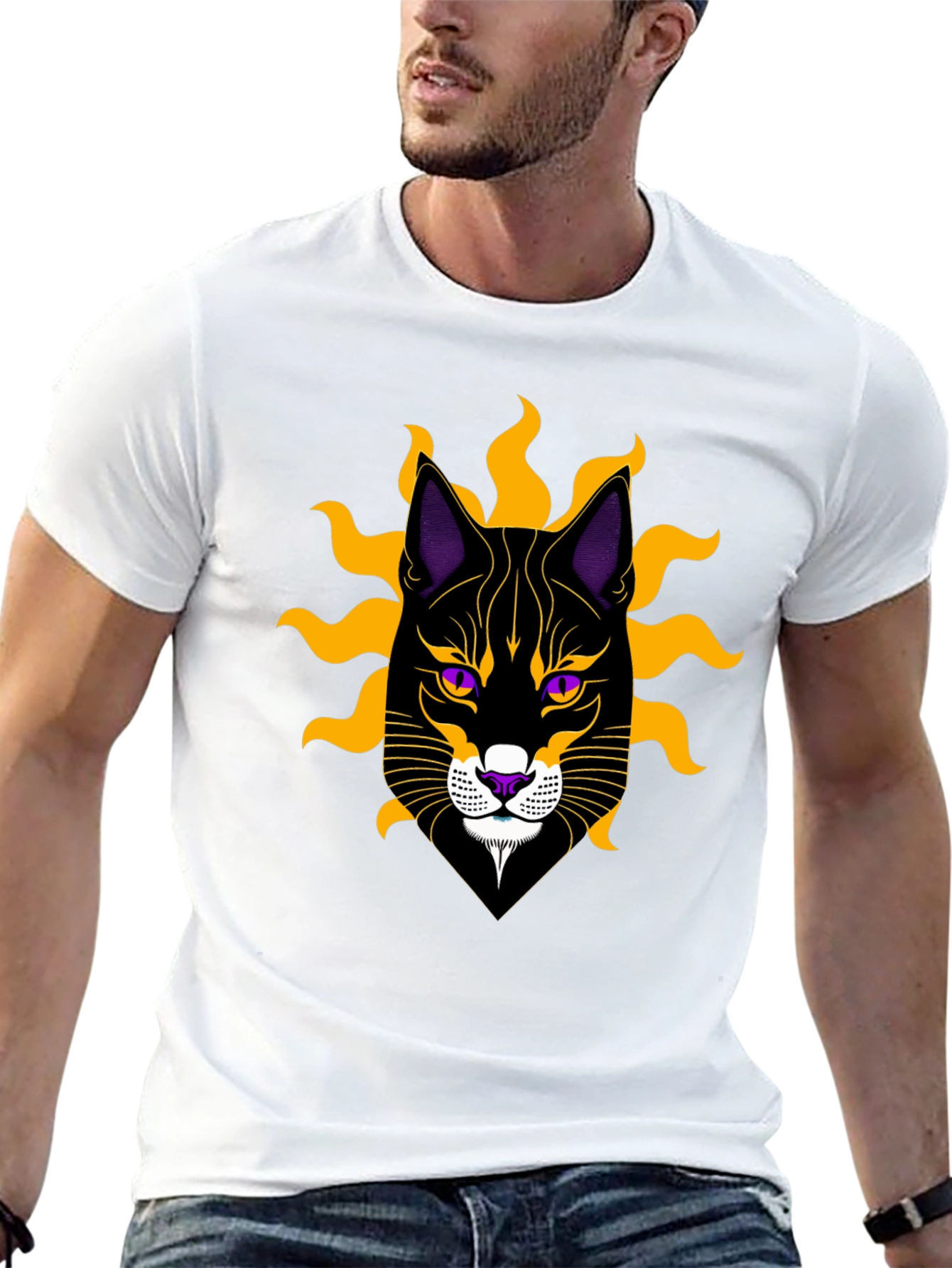 Black Cat Graphic T-Shirt with Sun Motif