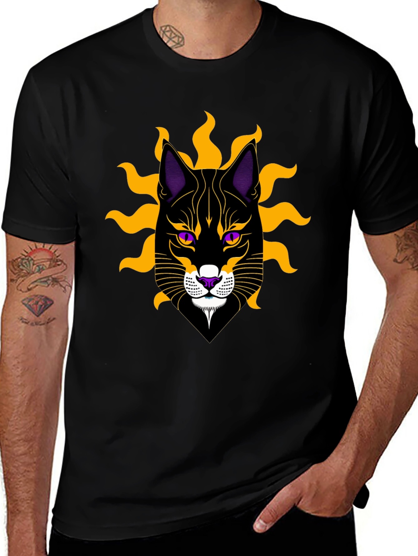 Black Cat Graphic T-Shirt with Sun Motif
