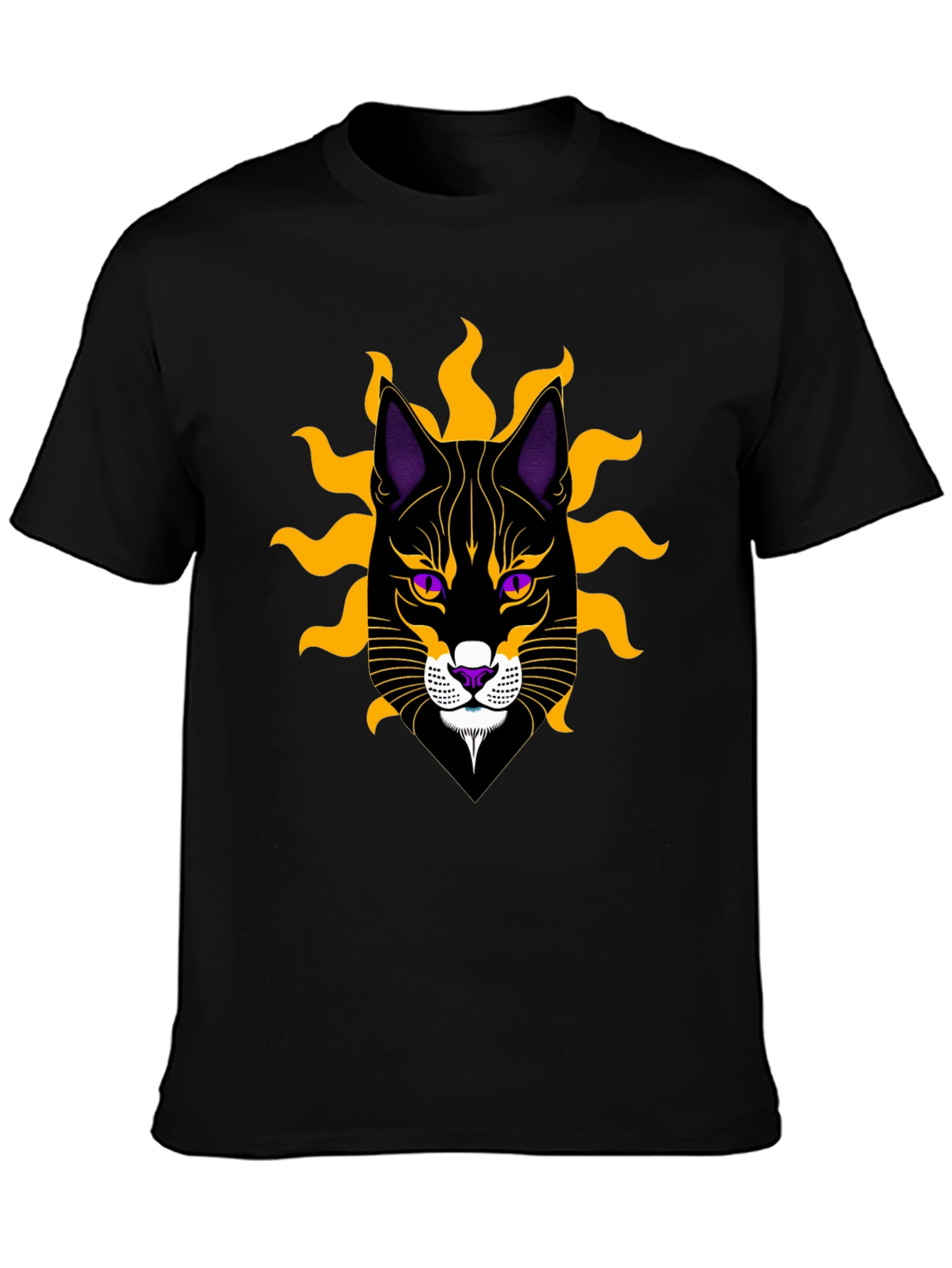 Black Cat Graphic T-Shirt with Sun Motif