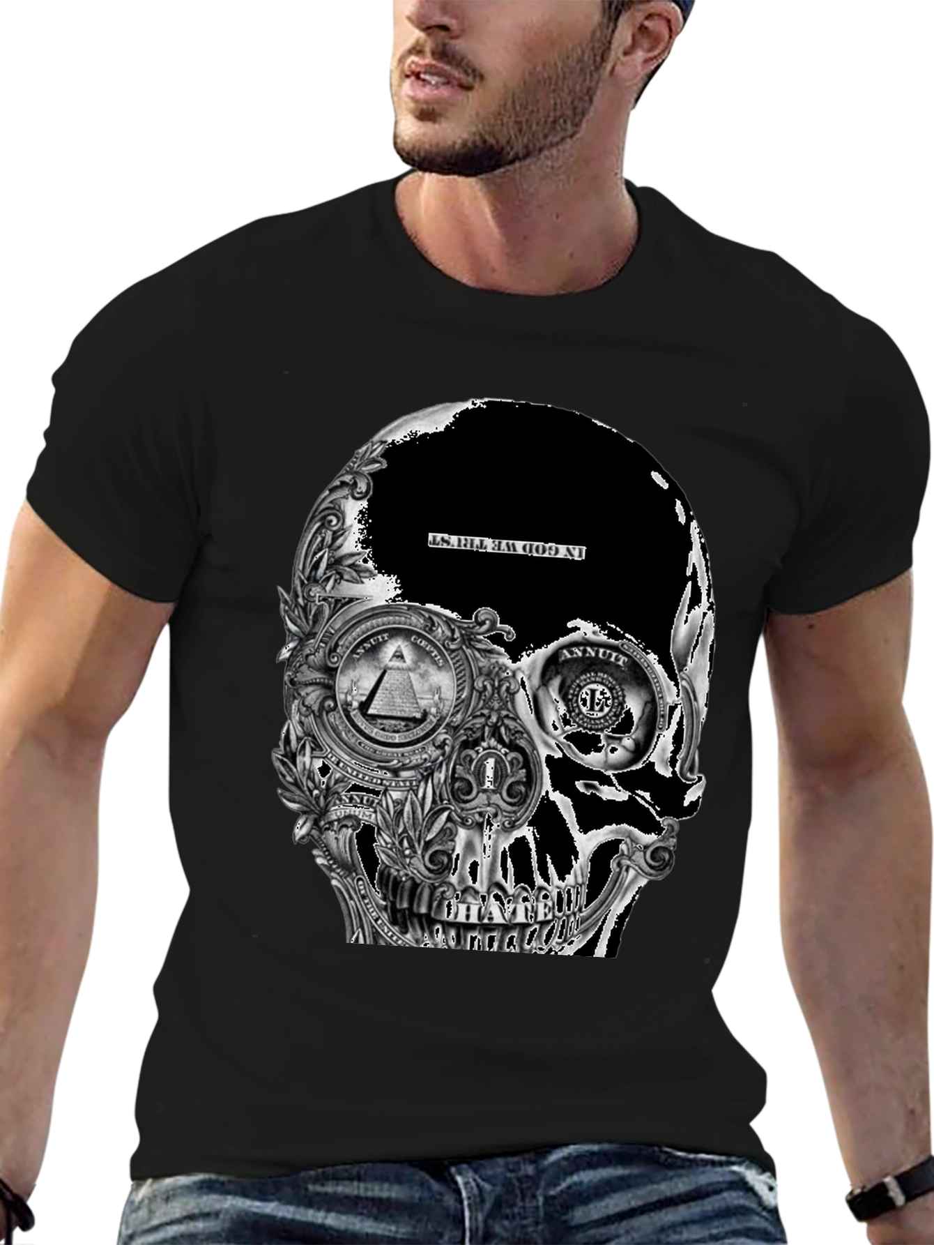 Skull Dollar Bill Graphic T-Shirt - Black