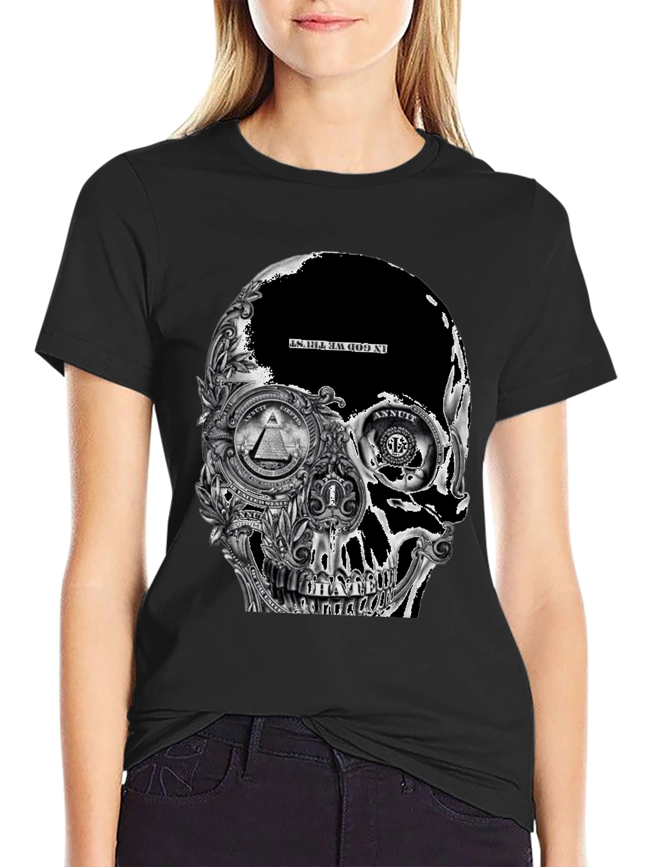 Skull Dollar Bill Graphic T-Shirt - Black