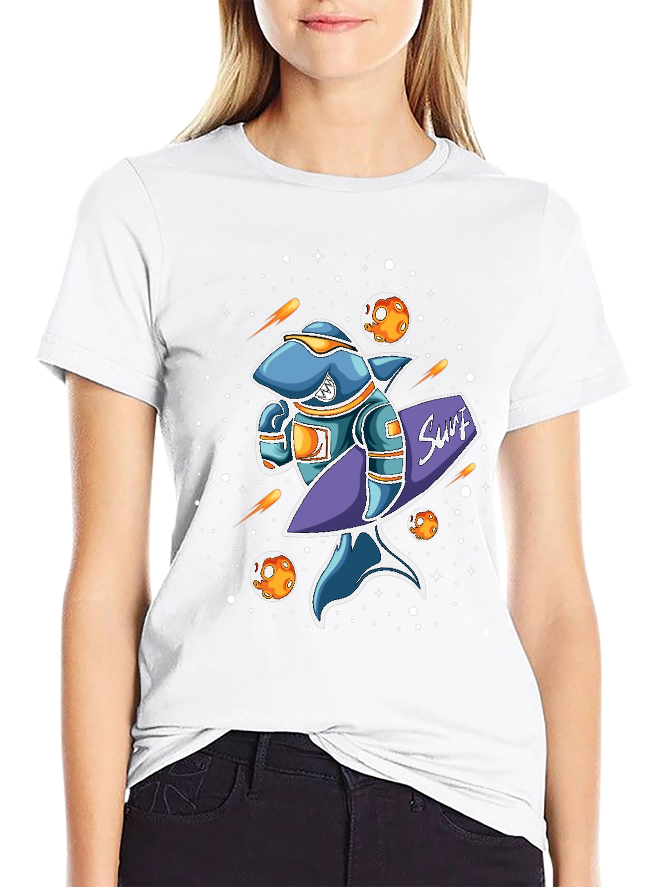 Space Shark Surfer Graphic T-Shirt