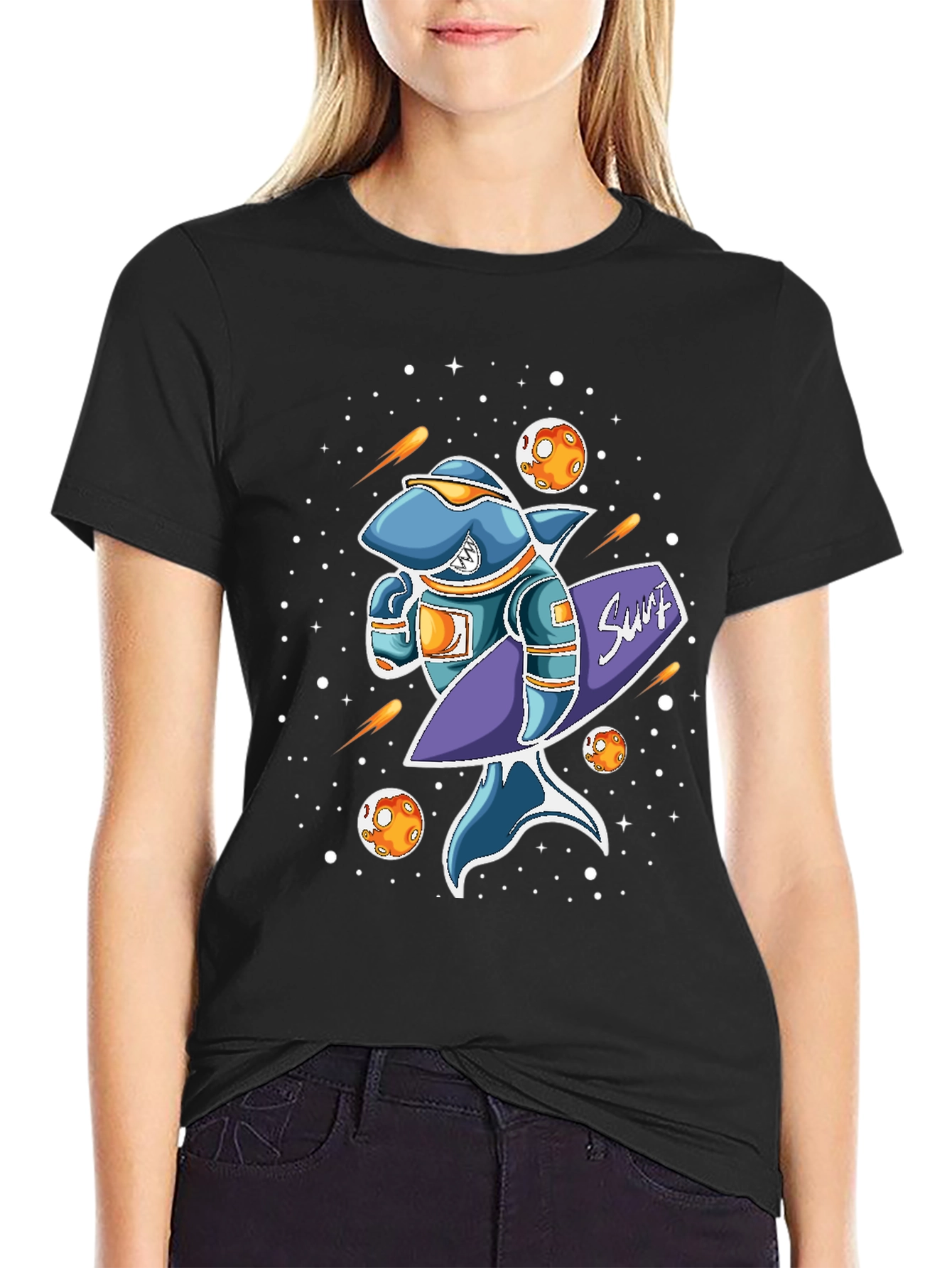 Space Shark Surfer Graphic T-Shirt