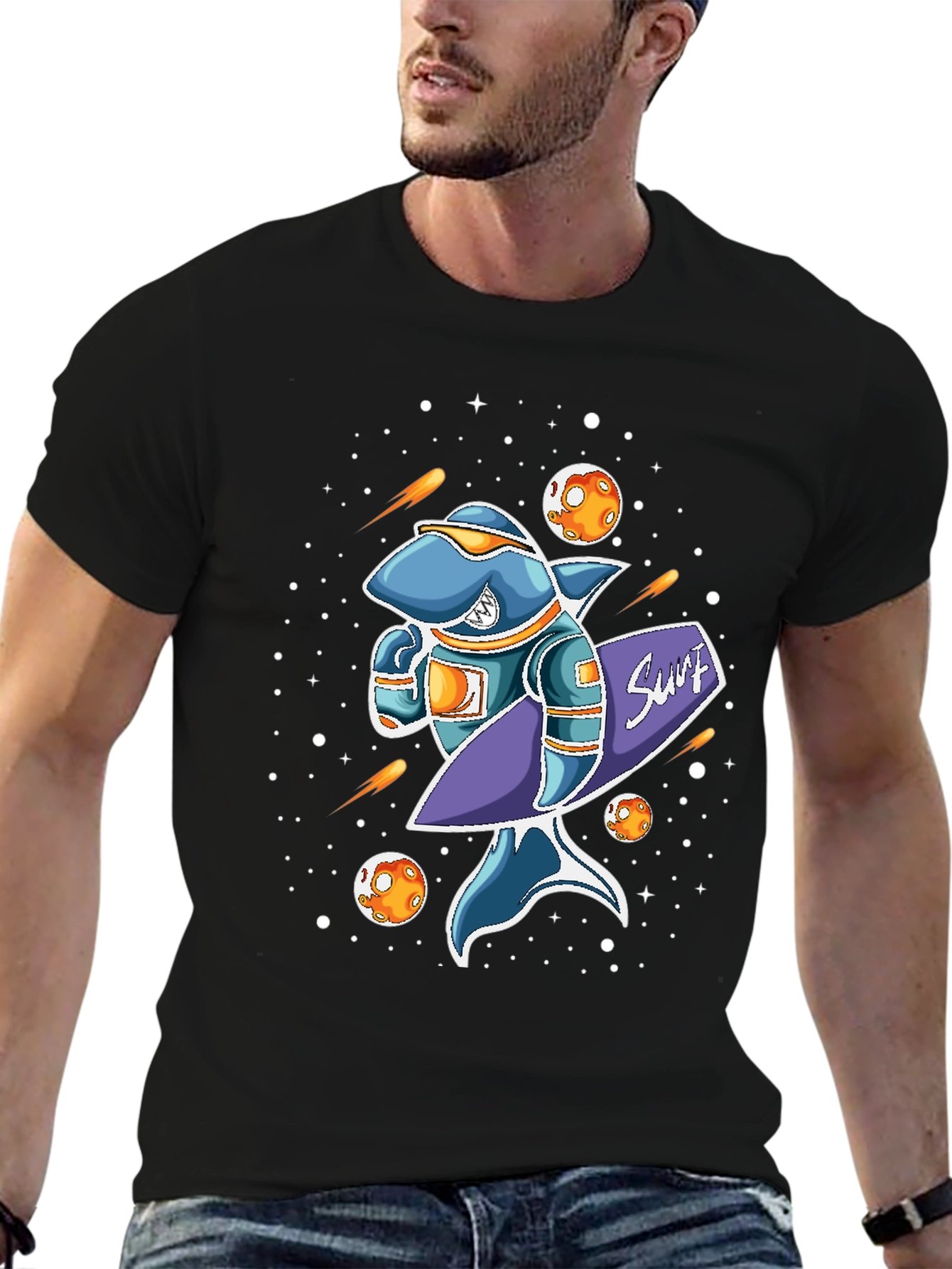 Space Shark Surfer Graphic T-Shirt