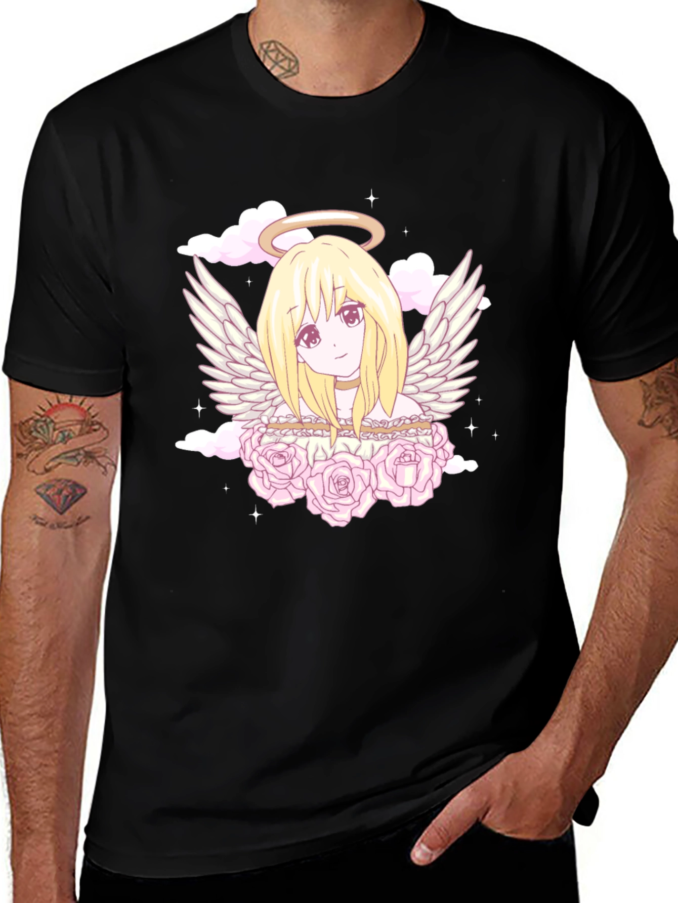 Anime Angel Graphic Tee - Black