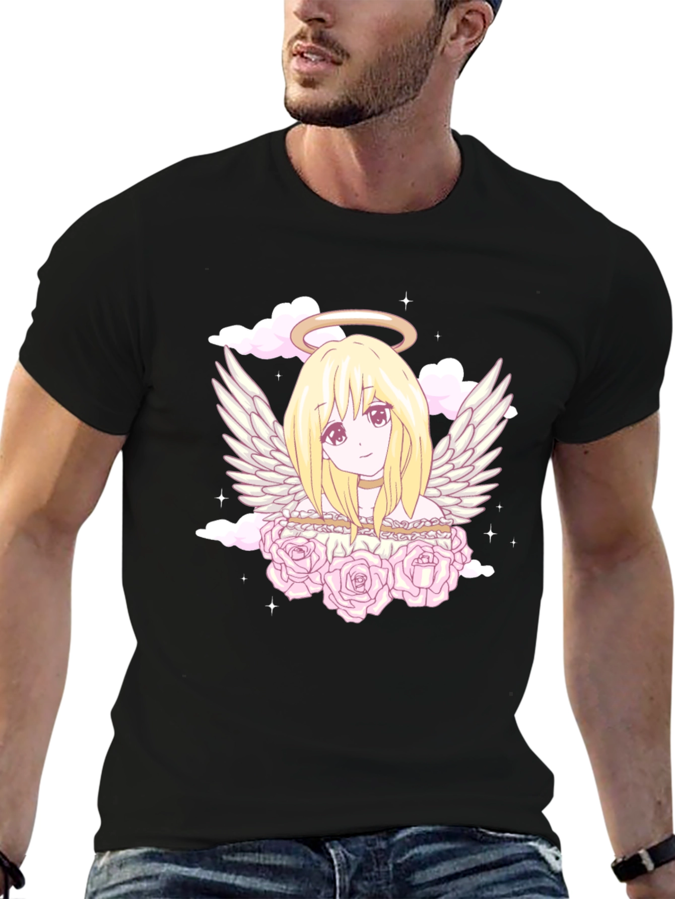 Anime Angel Graphic Tee - Black