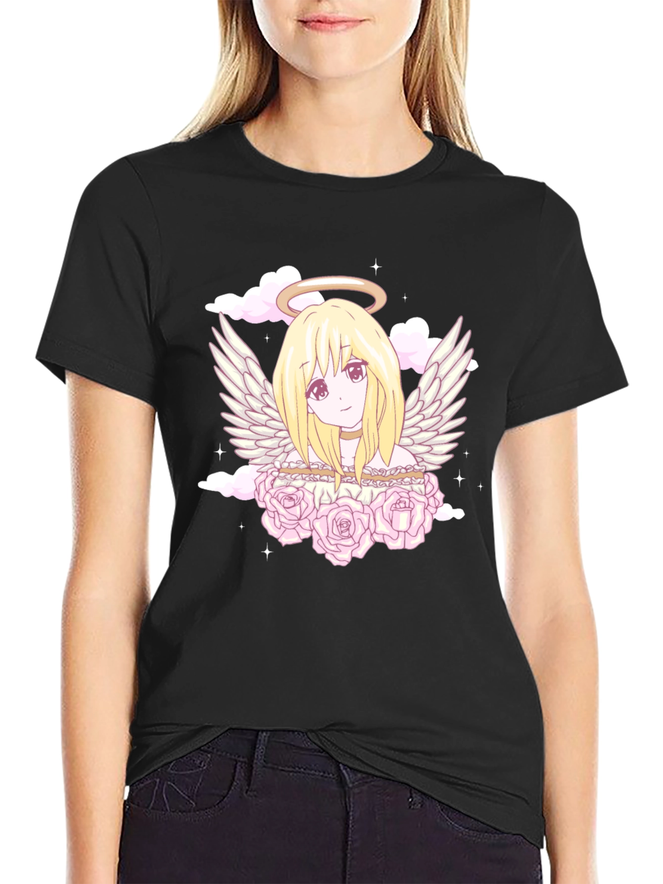 Anime Angel Graphic Tee - Black