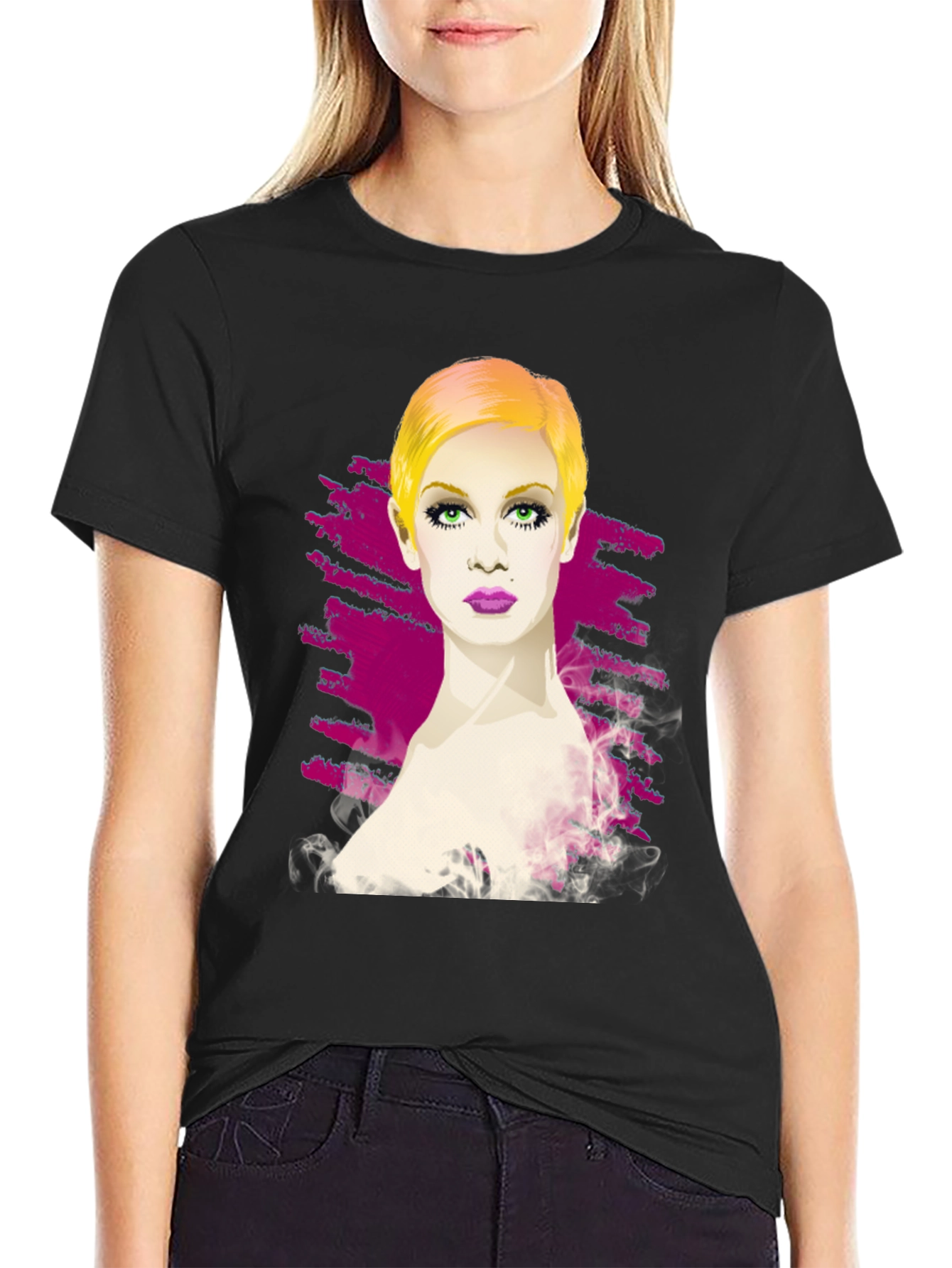 Twiggy Portrait Graphic Tee - Stylish Black T-Shirt