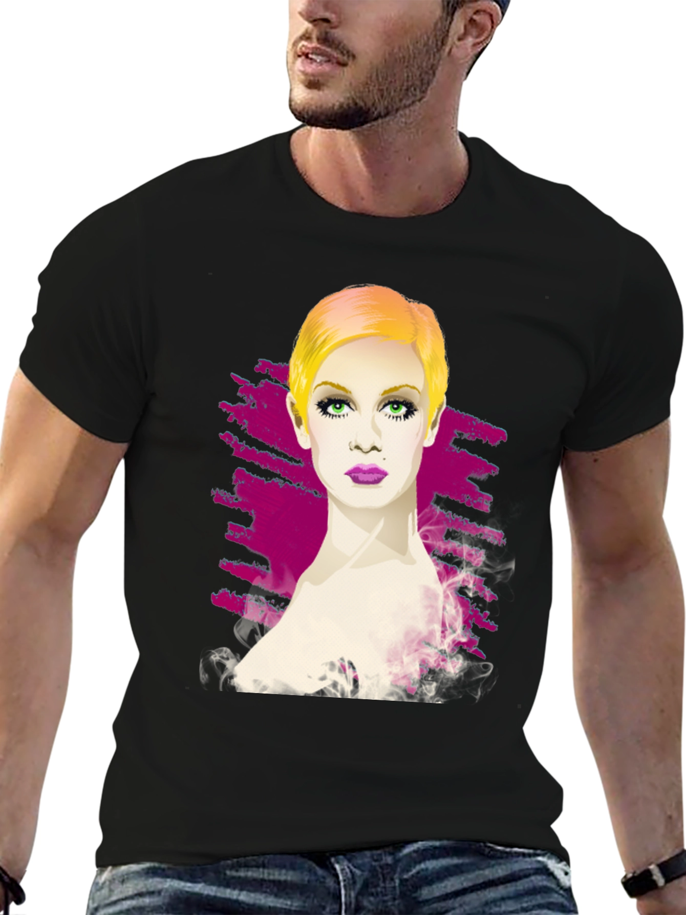 Twiggy Portrait Graphic Tee - Stylish Black T-Shirt