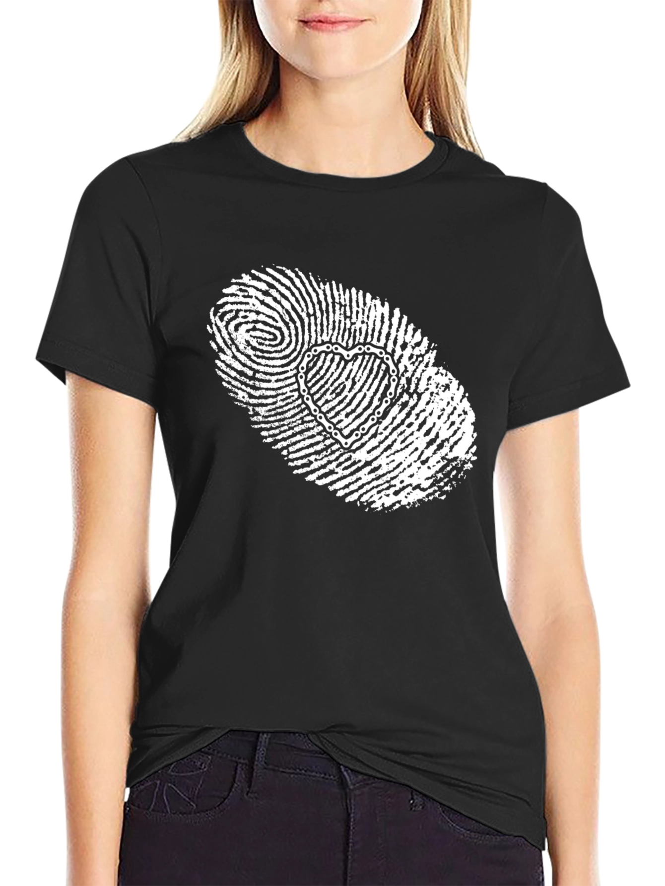 Unique Heart Fingerprint Graphic Tee - Black