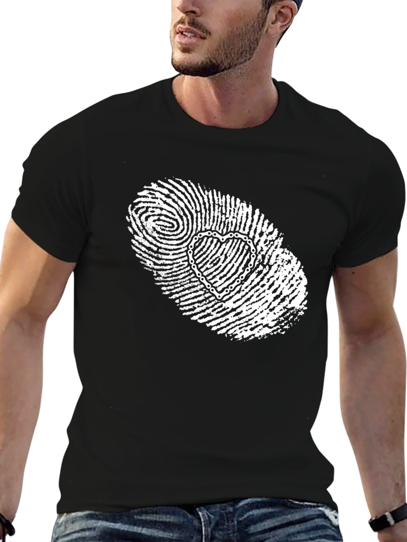Unique Heart Fingerprint Graphic Tee - Black
