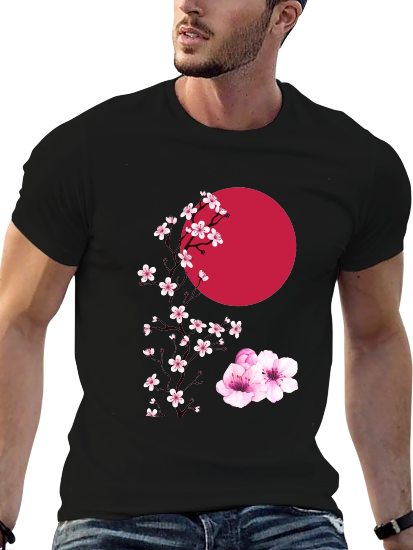 Sakura & Sun Graphic Tee - Stylish Black T-Shirt
