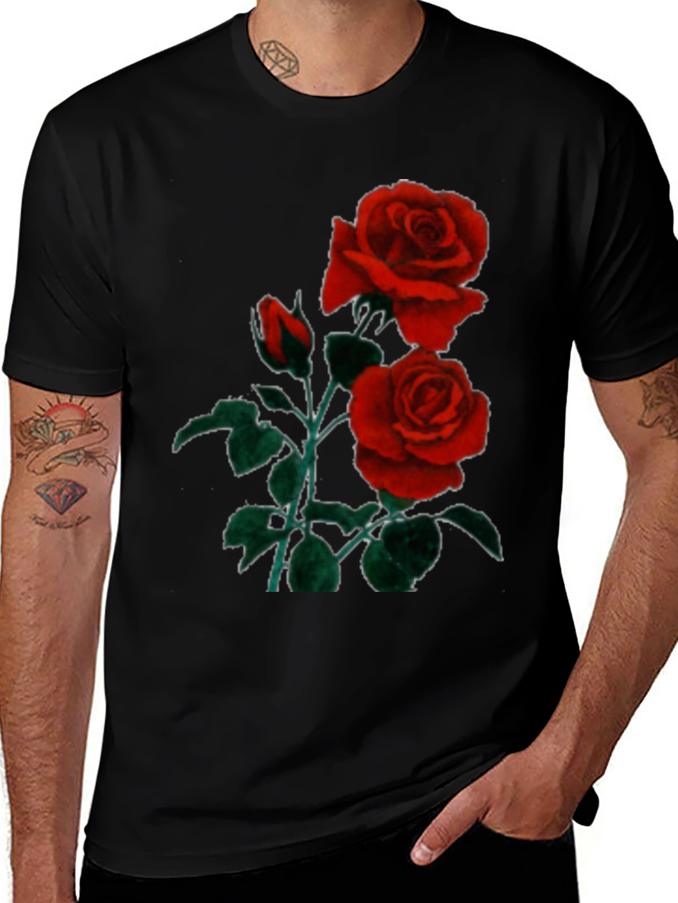 Black T-Shirt with Red Roses