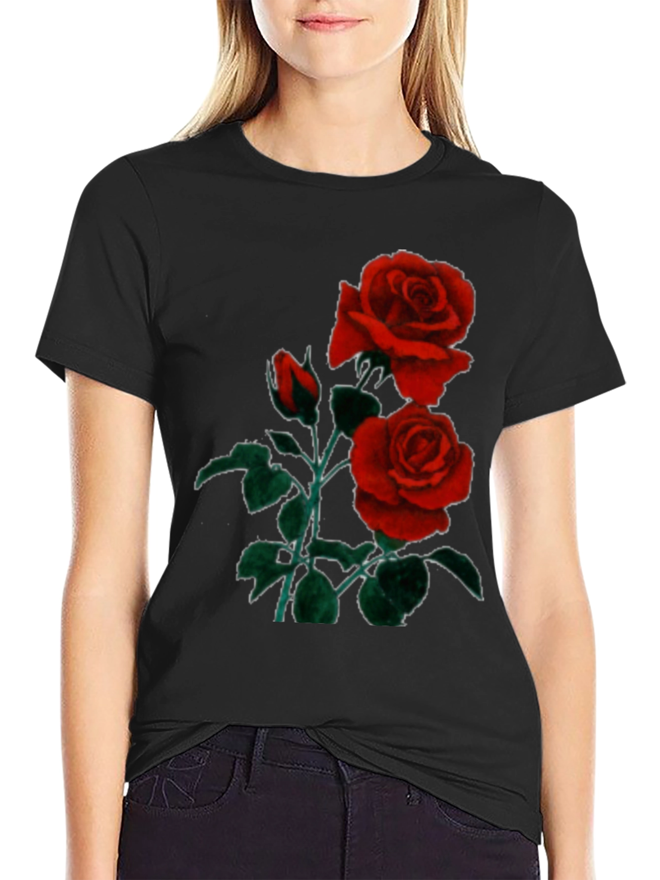 Black T-Shirt with Red Roses