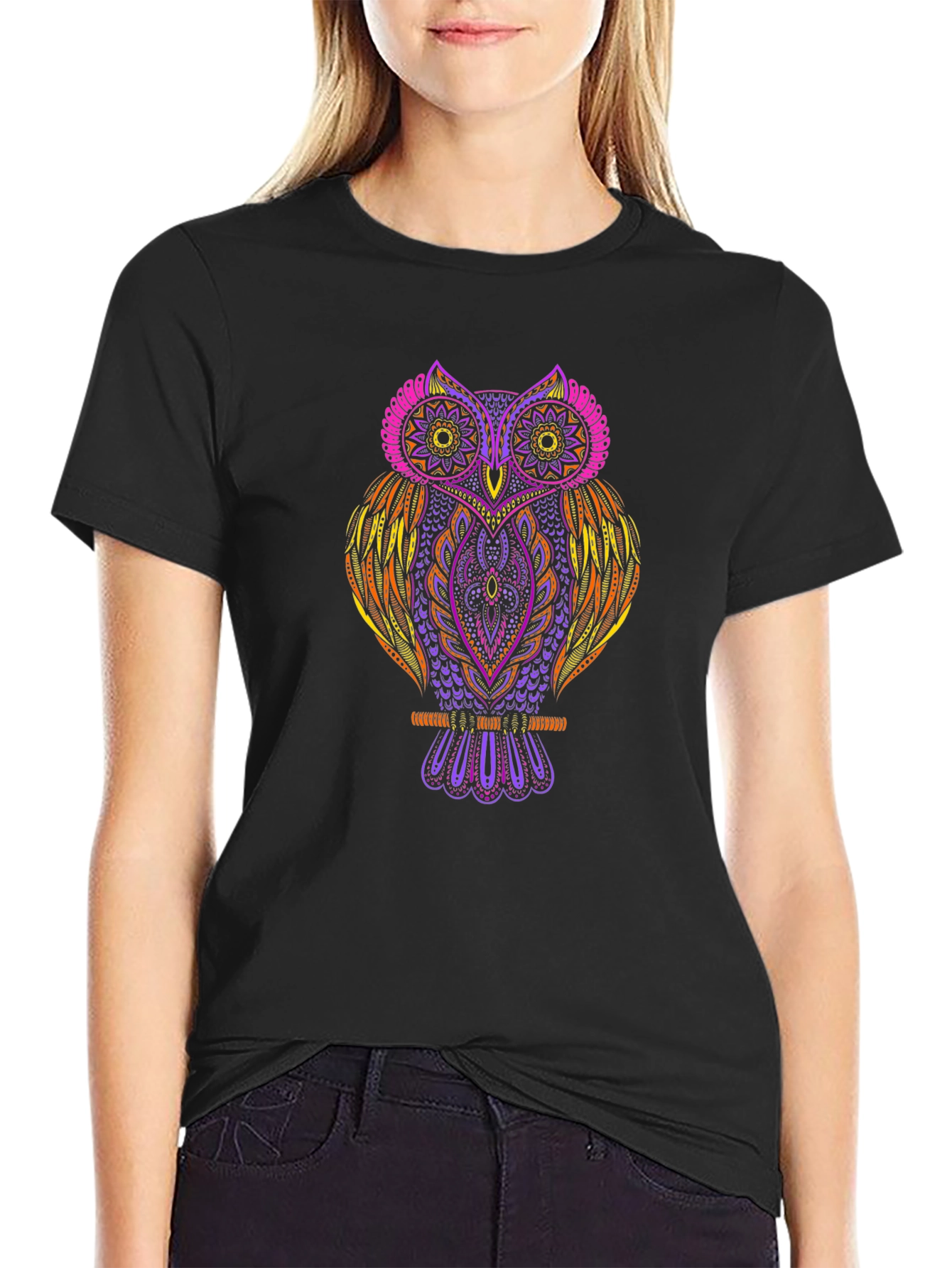 Vibrant Owl Graphic Print Black T-Shirt