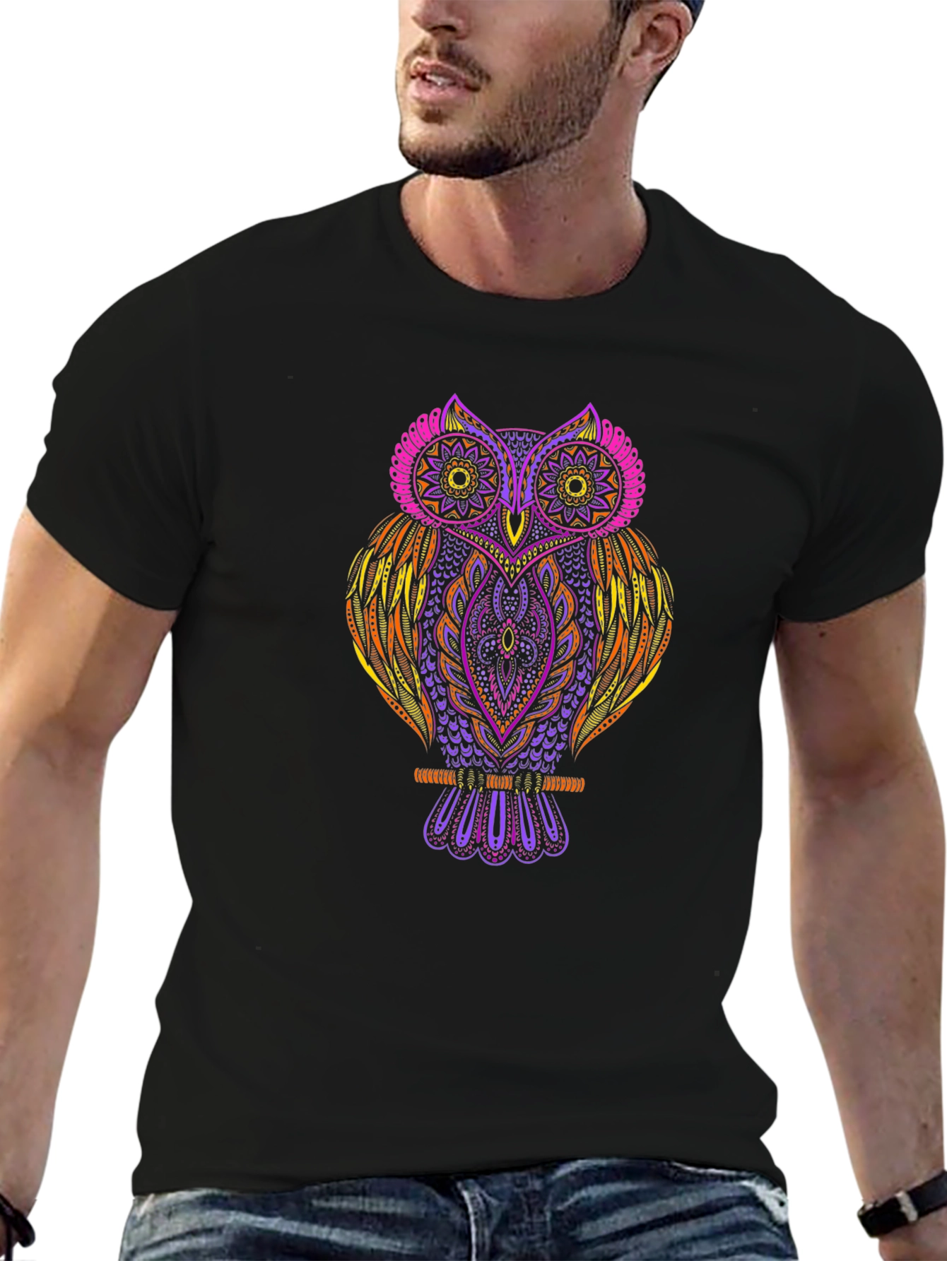 Vibrant Owl Graphic Print Black T-Shirt