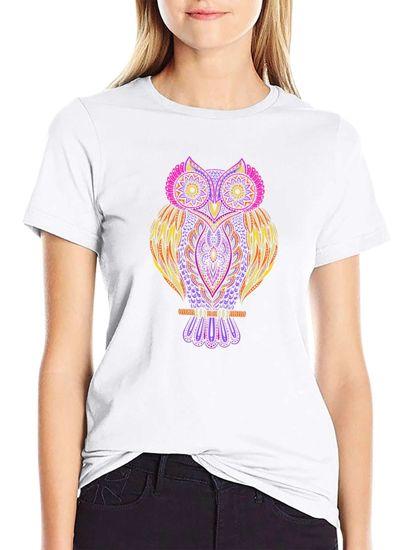 Vibrant Owl Graphic Print Black T-Shirt
