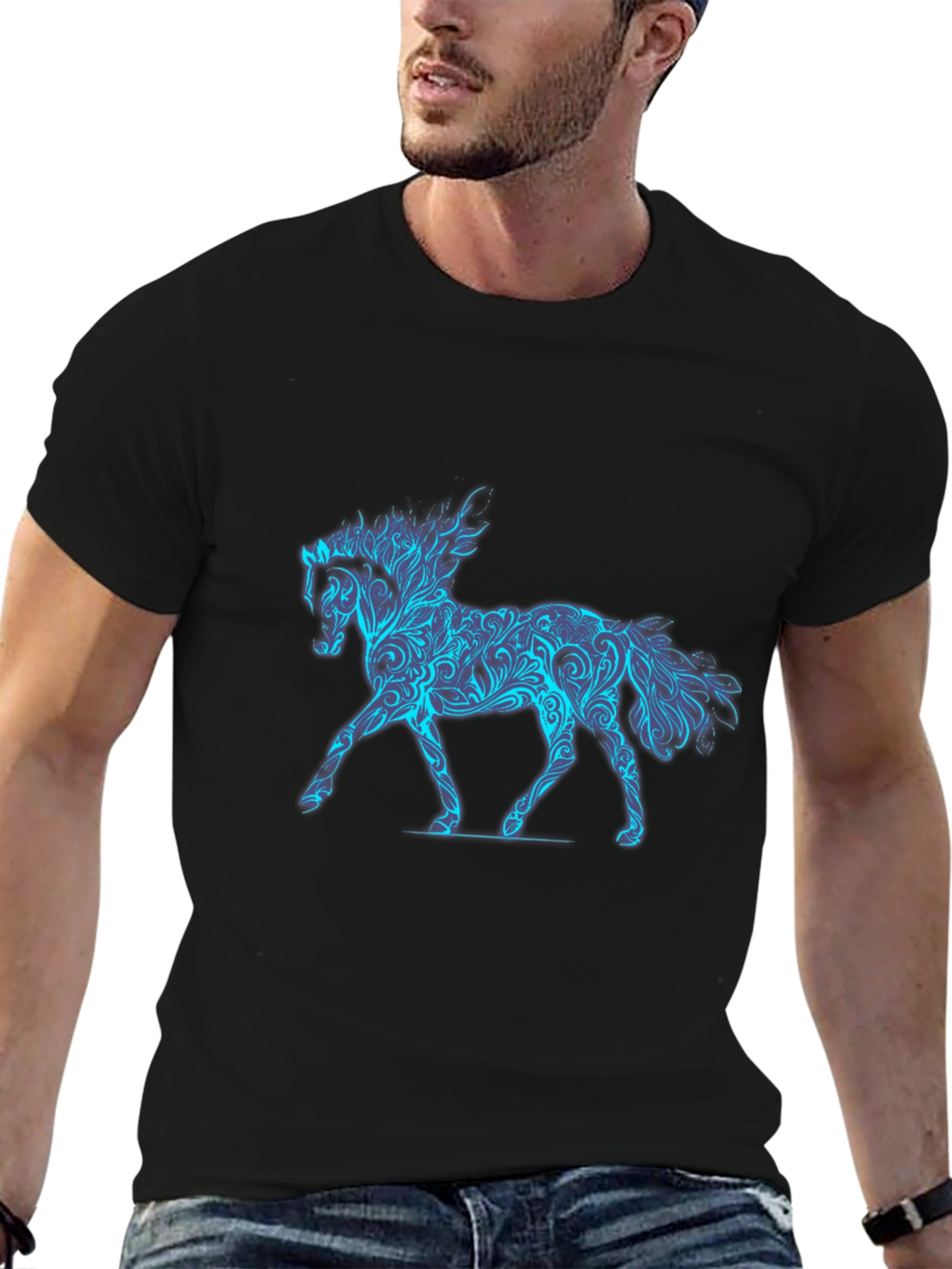 Cool Blue Horse Graphic Black Tee