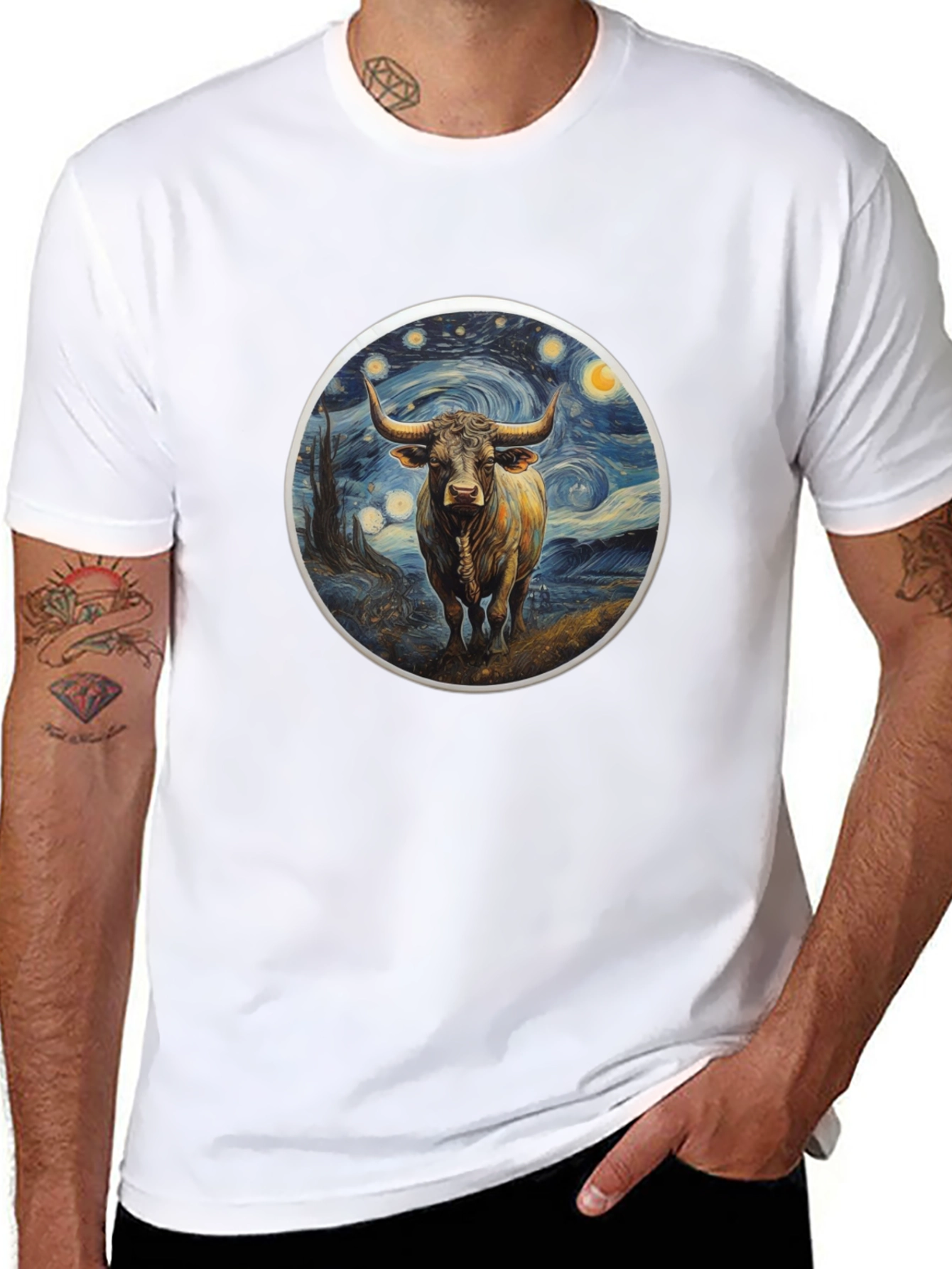 Starry Bull Graphic Tee - Trendy Art Shirt