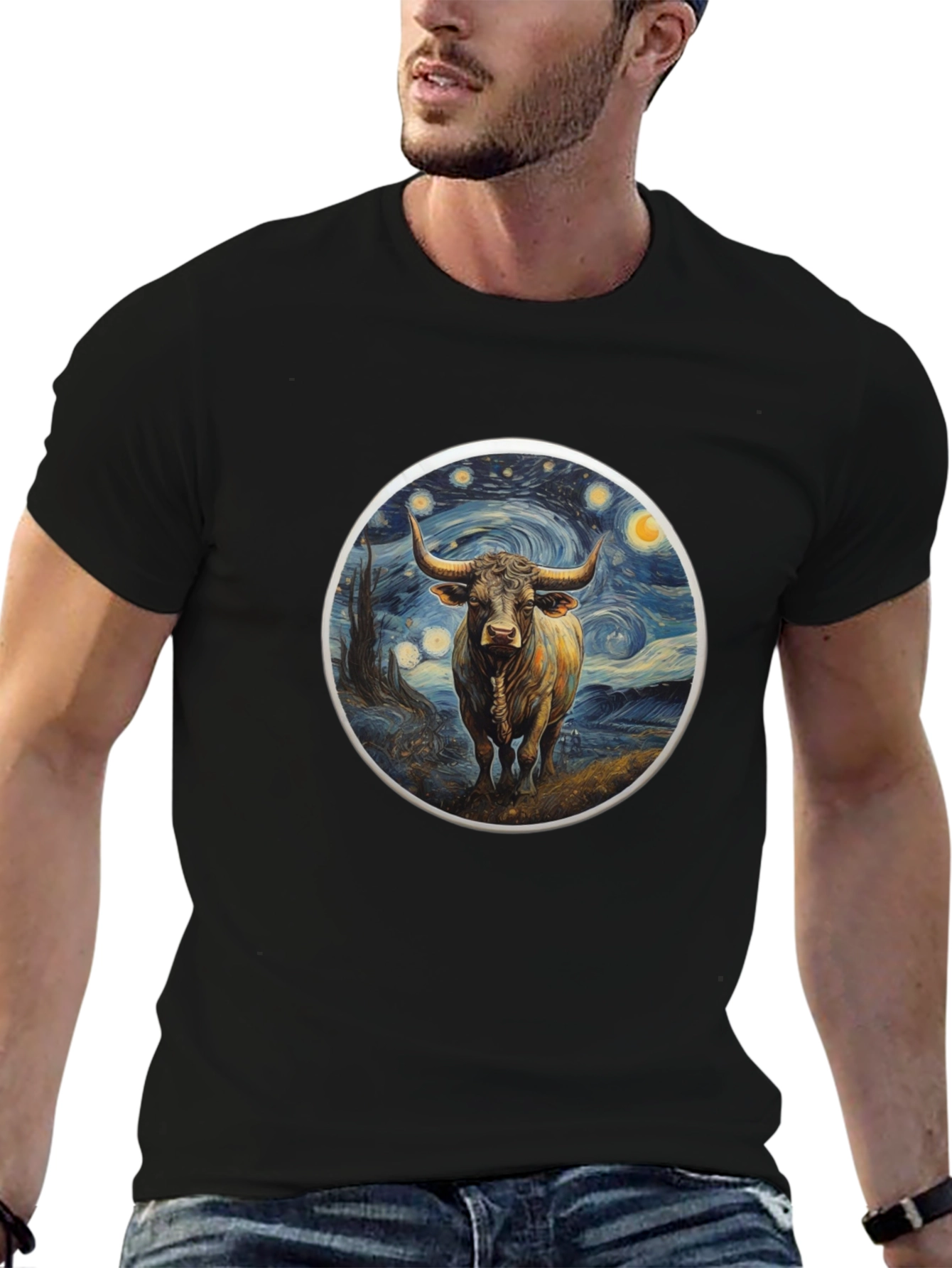 Starry Bull Graphic Tee - Trendy Art Shirt