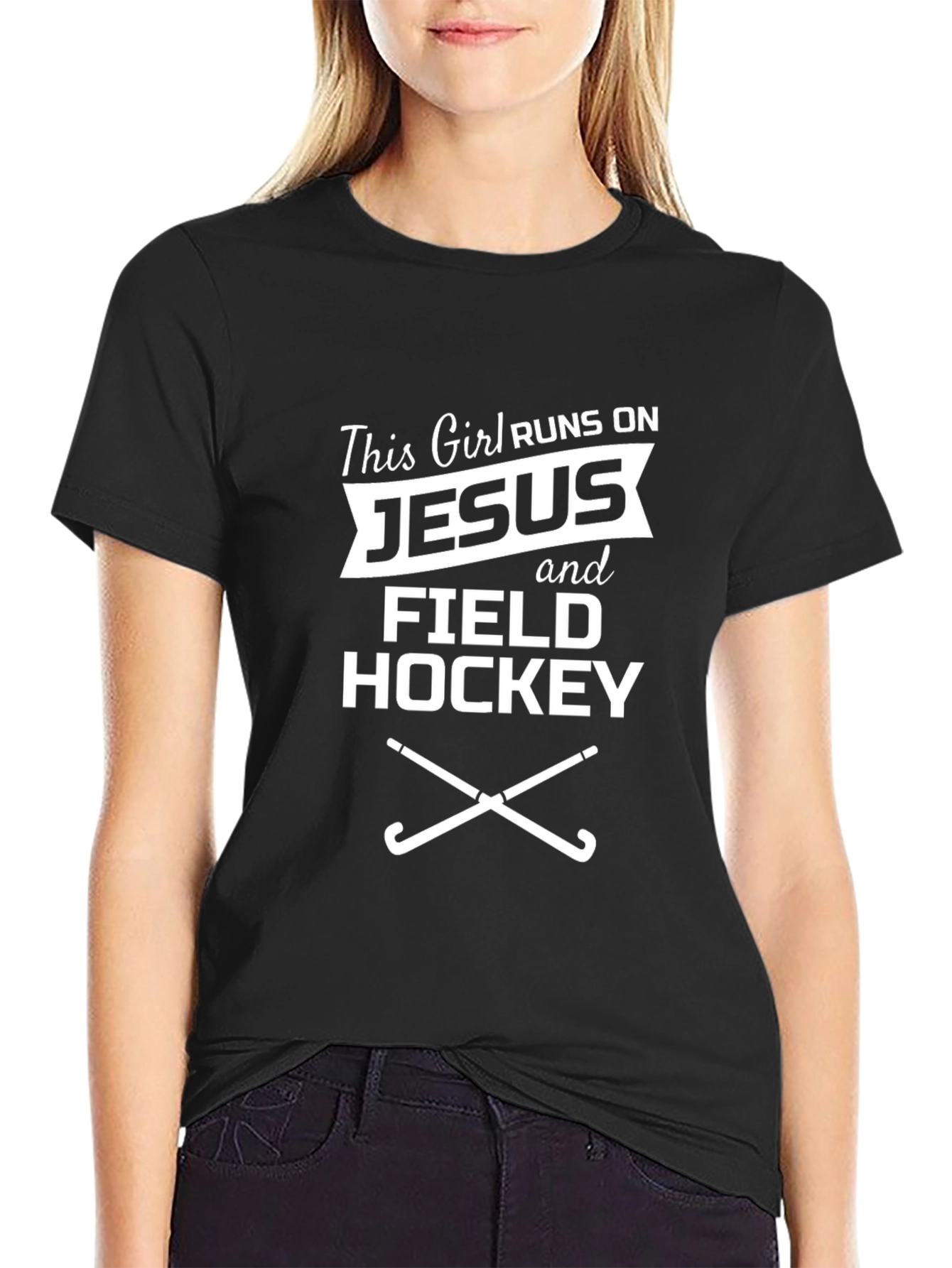 Runs on Jesus and Field Hockey Graphic Tee