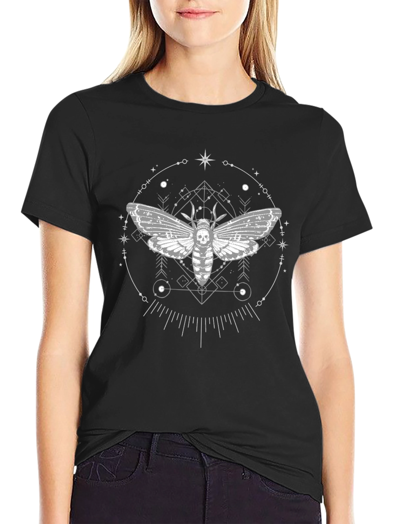 Skull Moth Graphic Tee - Black Crew Neck T-Shirt