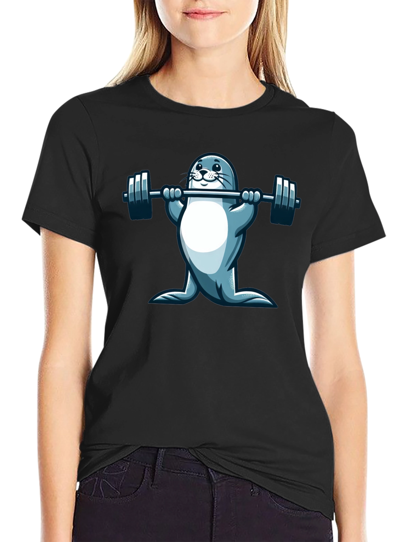 Seal Lifting Weights Graphic T-Shirt - Black