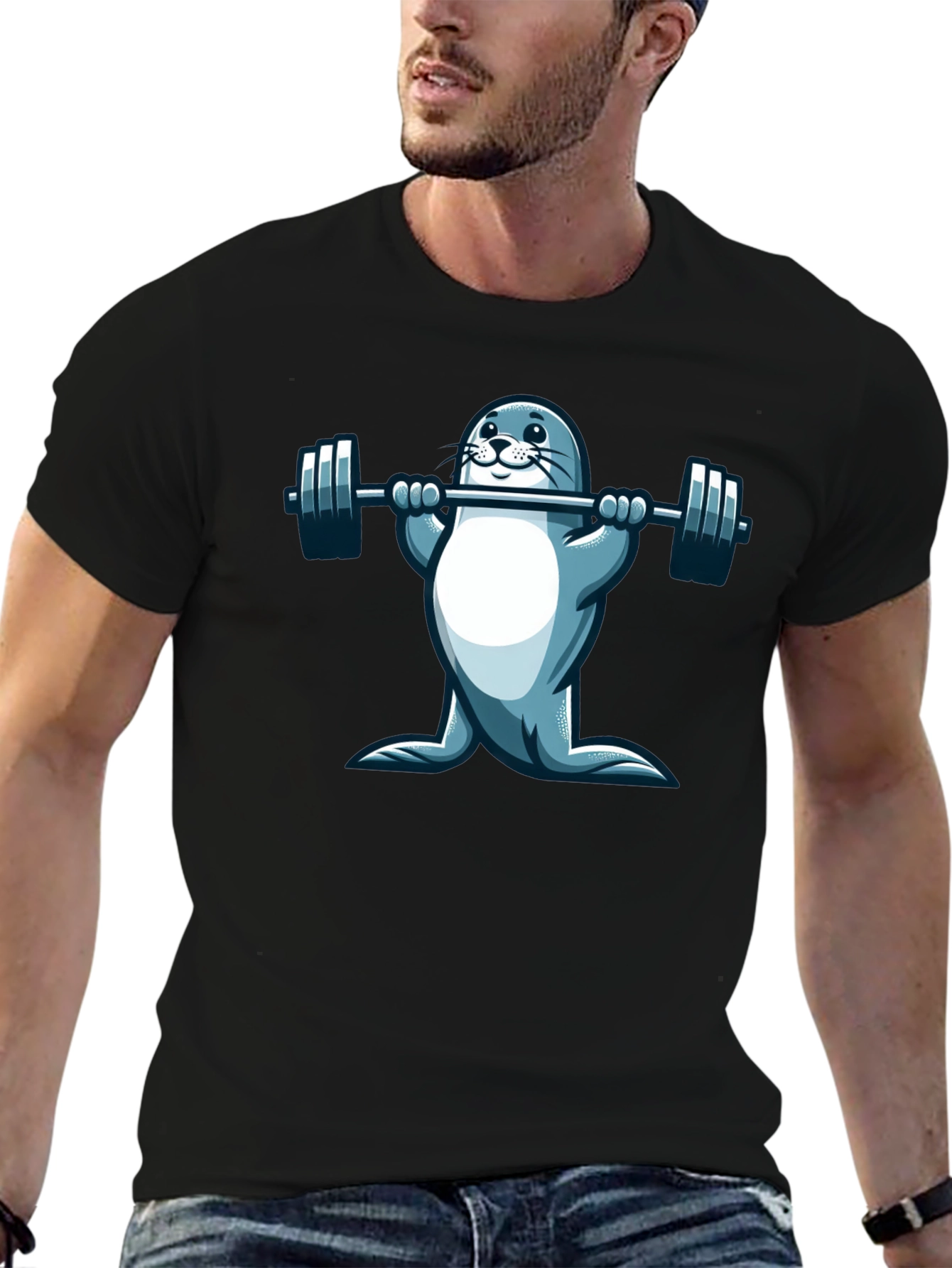 Seal Lifting Weights Graphic T-Shirt - Black