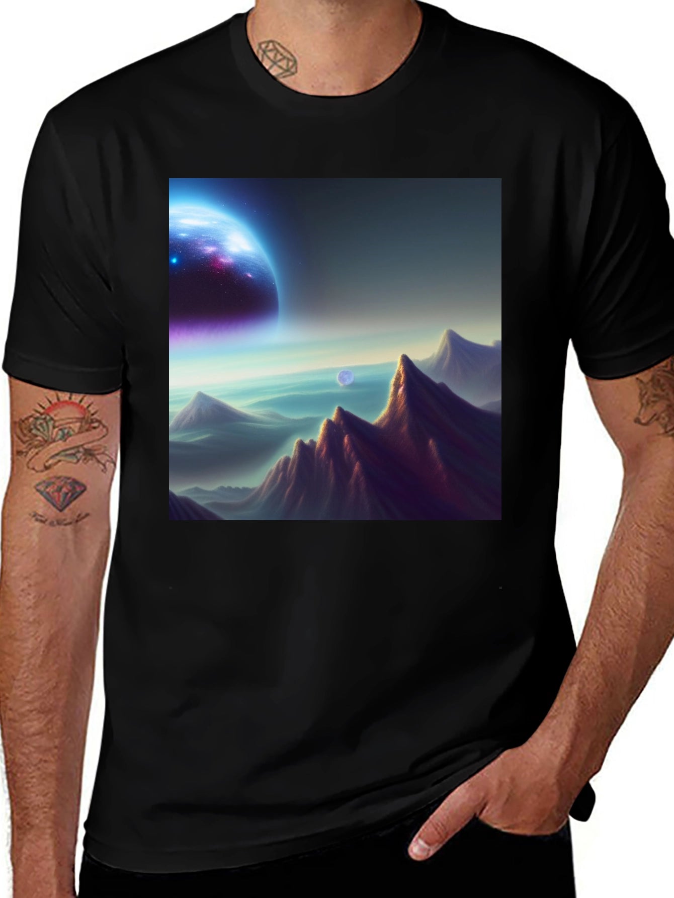 Cosmic Landscape Graphic Tee - Black Cotton Blend