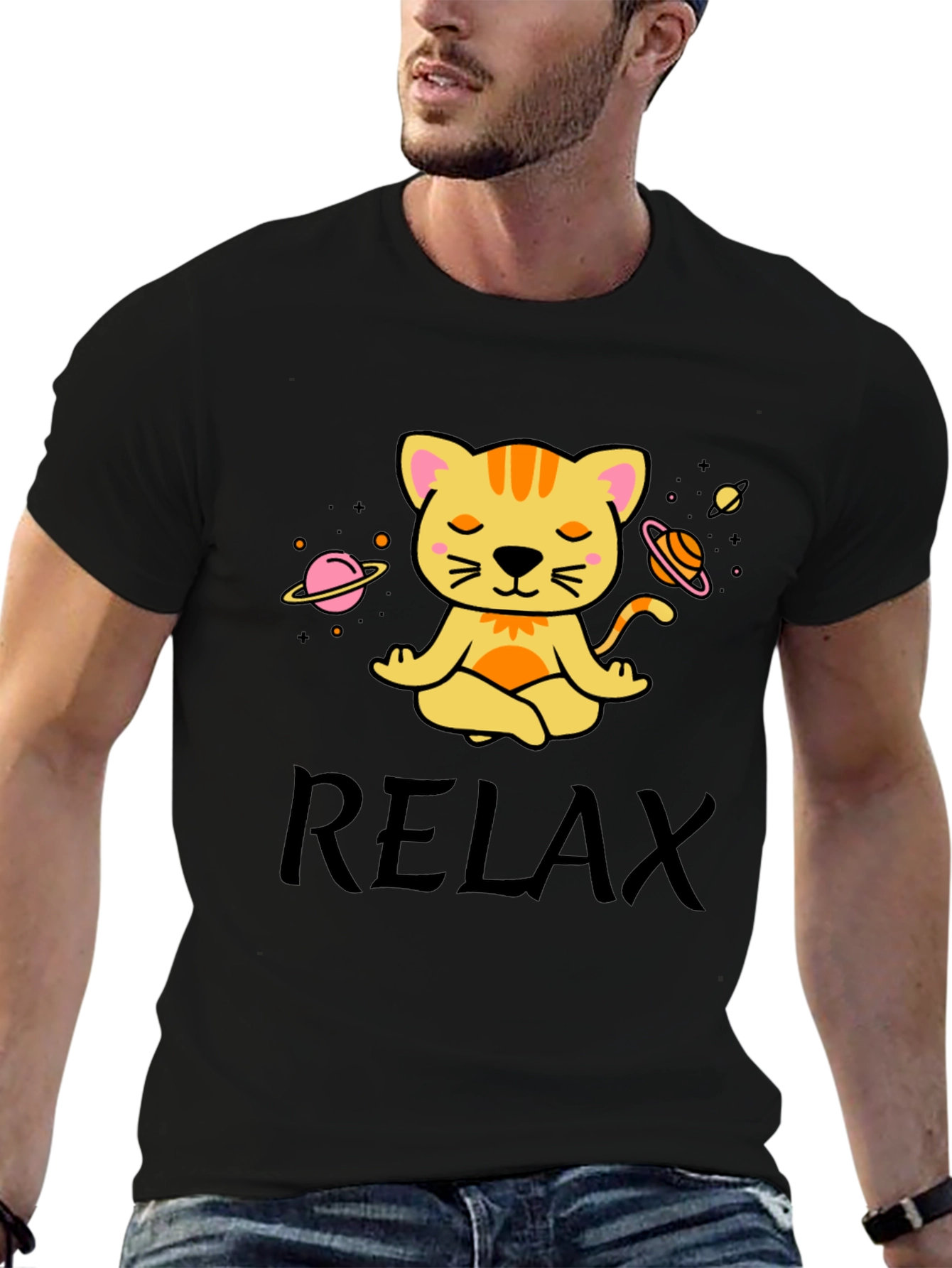 Relaxing Space Cat T-Shirt - Meditating Feline Tee