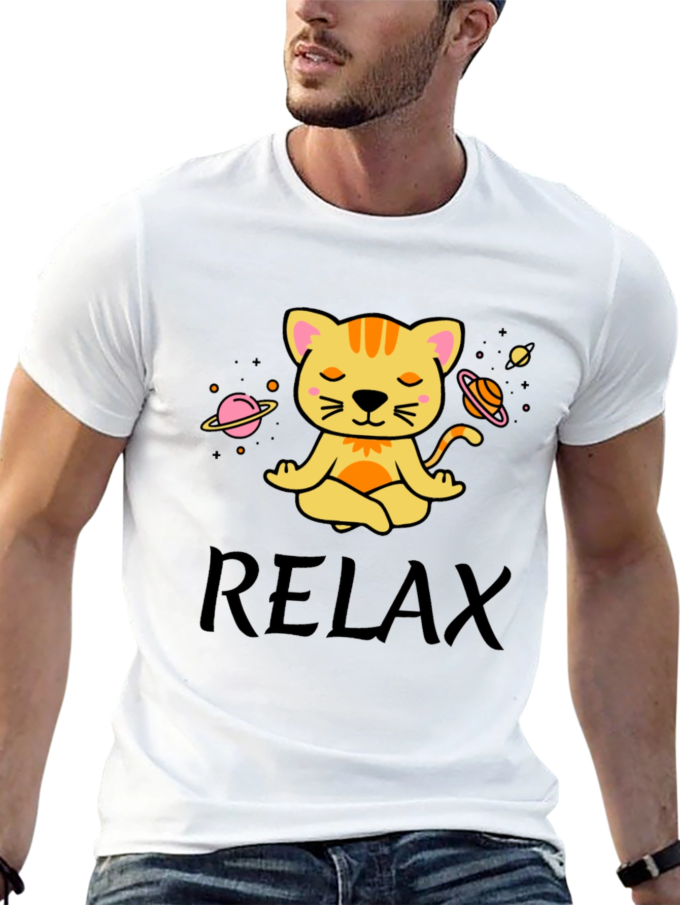 Relaxing Space Cat T-Shirt - Meditating Feline Tee