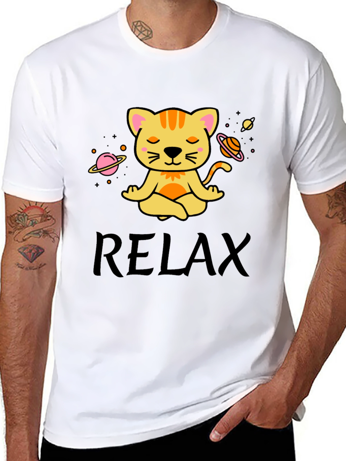 Relaxing Space Cat T-Shirt - Meditating Feline Tee
