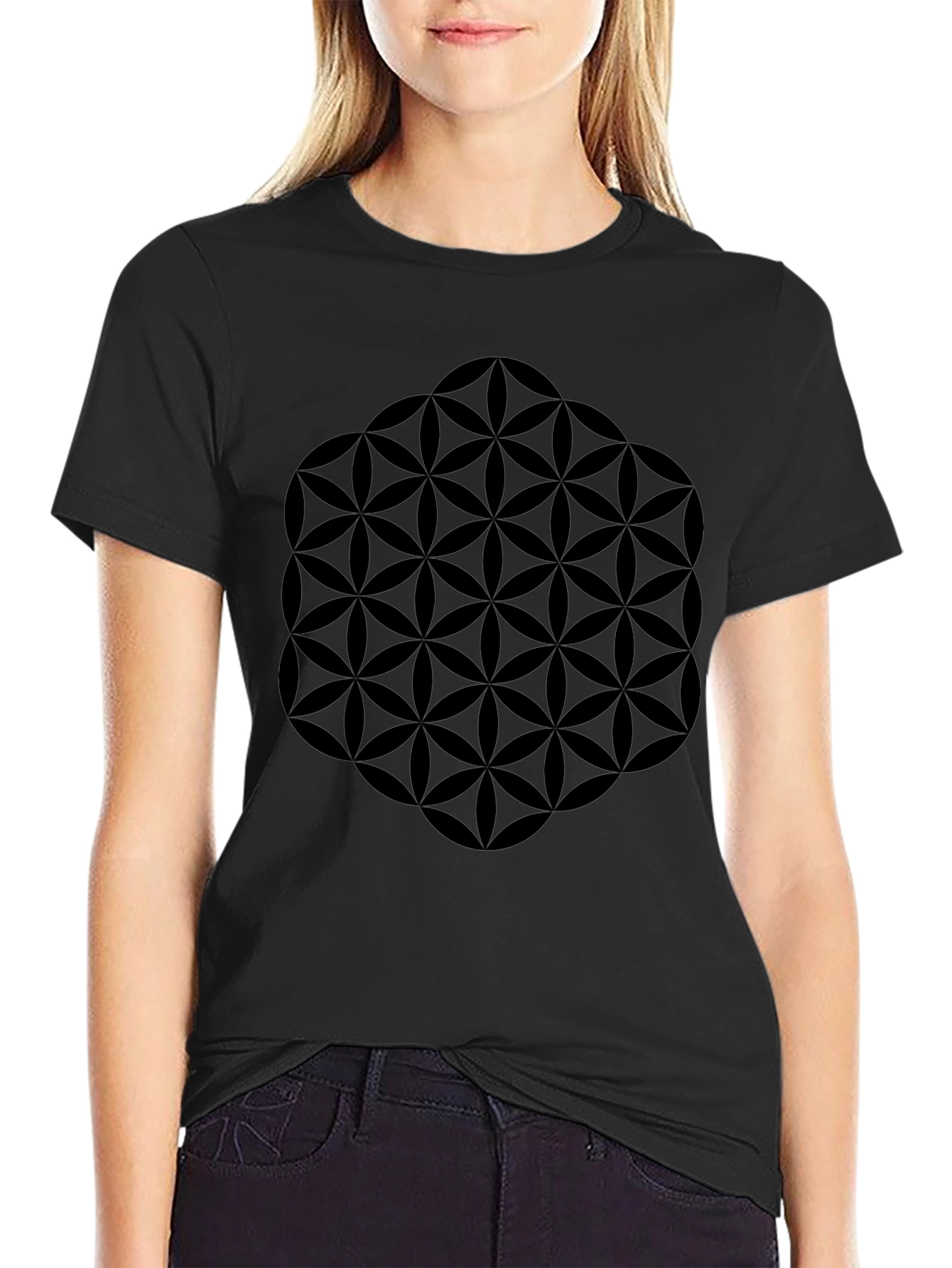 Black Geometric Flower of Life Graphic Tee