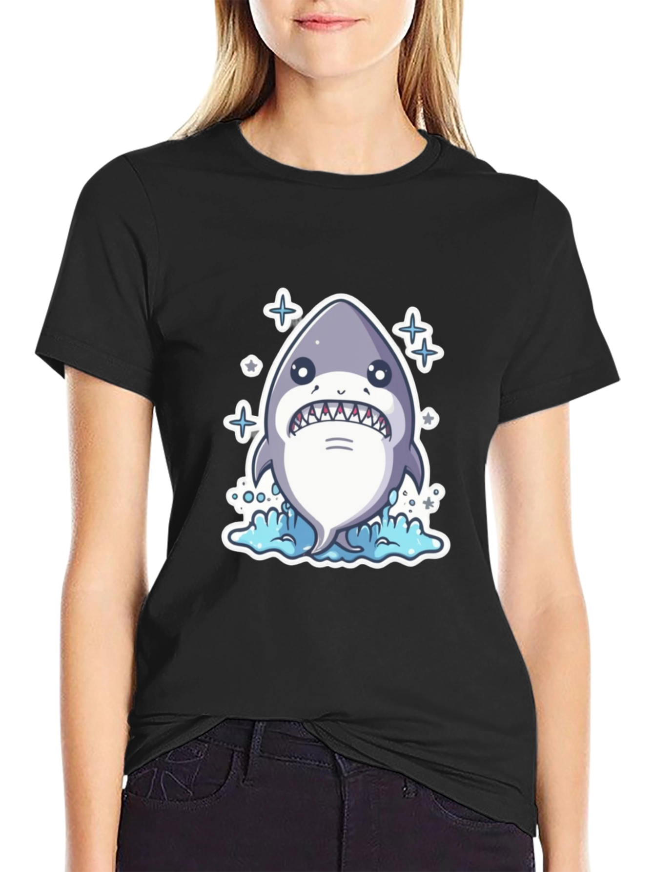 Cartoon Shark Black T-Shirt