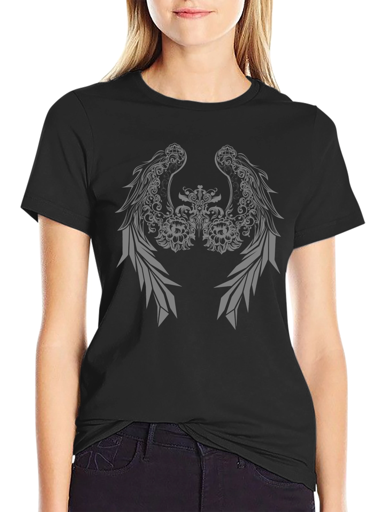 Black T-Shirt with Winged Floral Graphic Design