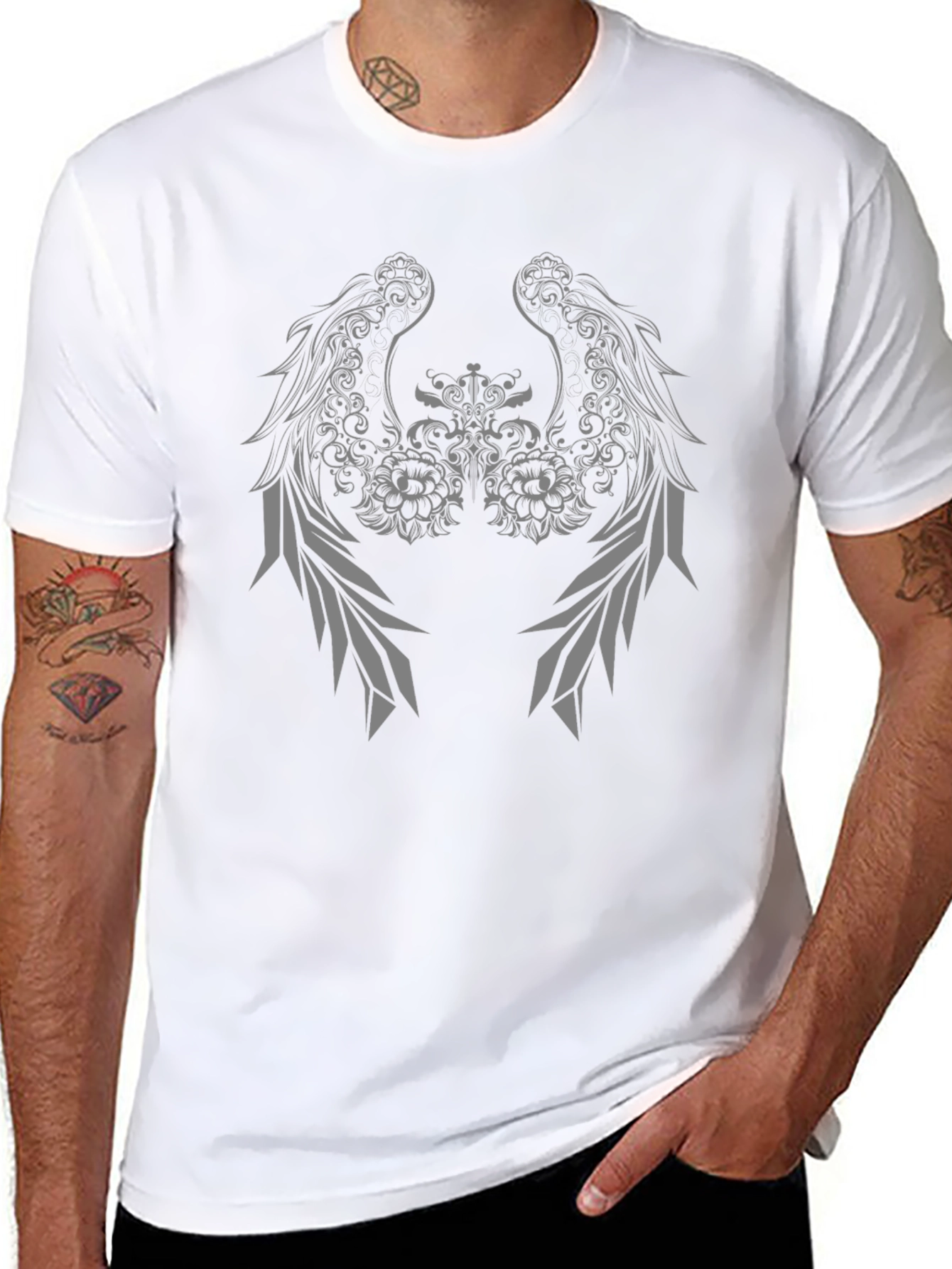 Black T-Shirt with Winged Floral Graphic Design