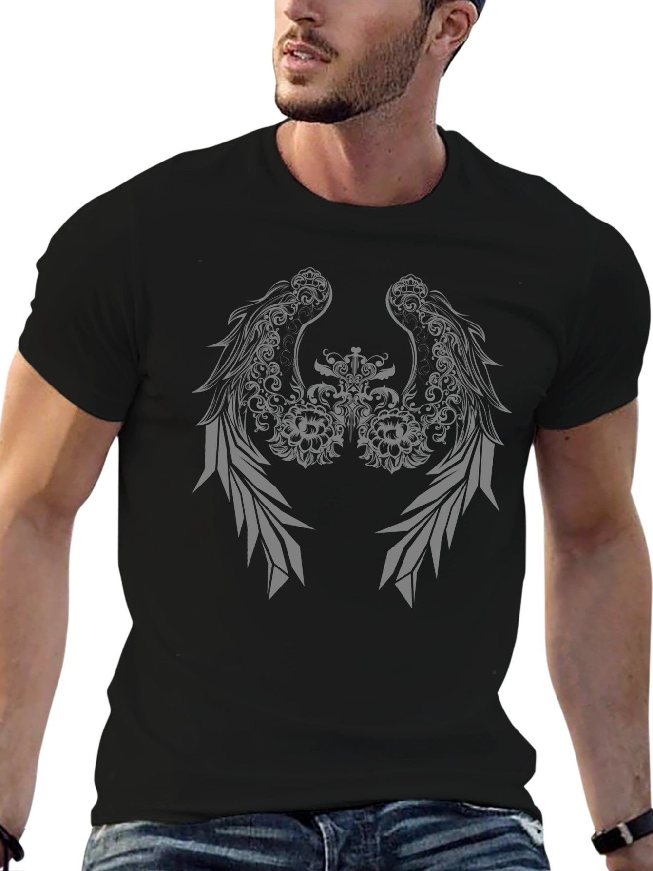 Black T-Shirt with Winged Floral Graphic Design