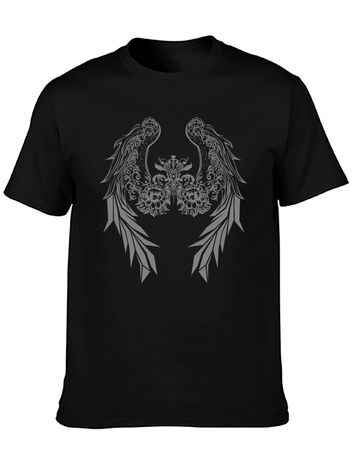 Black T-Shirt with Winged Floral Graphic Design