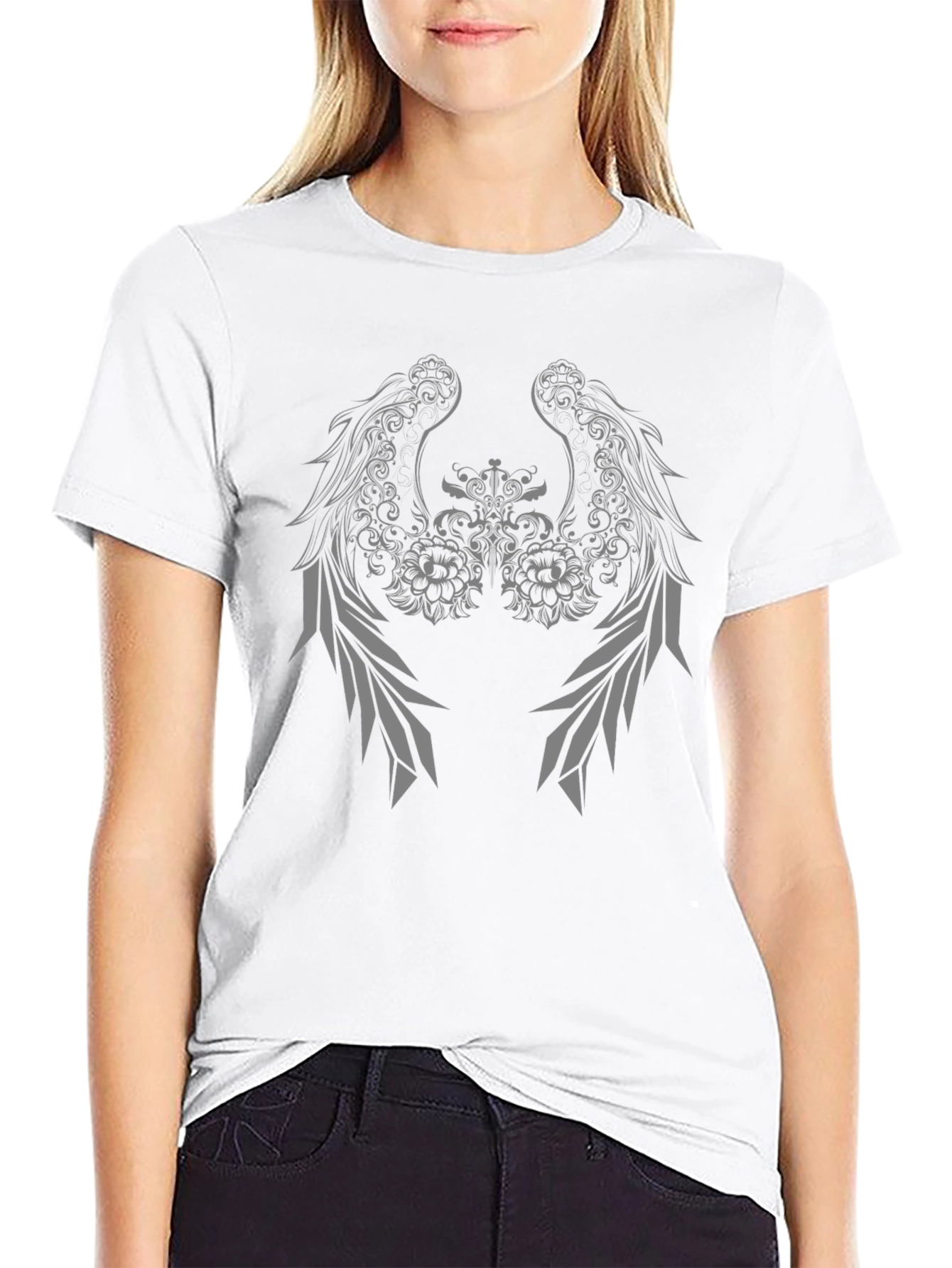 Black T-Shirt with Winged Floral Graphic Design