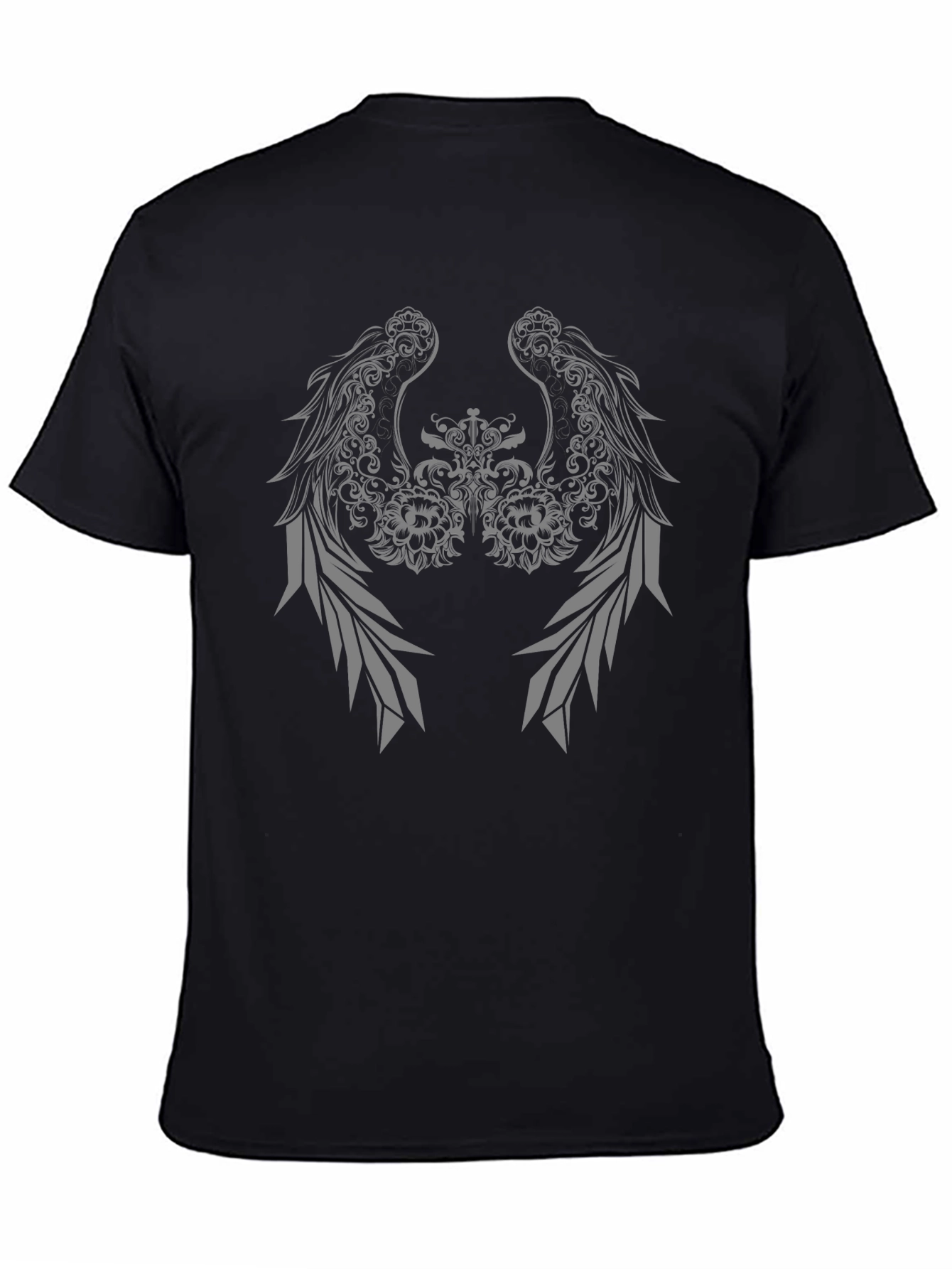 Black T-Shirt with Winged Floral Graphic Design