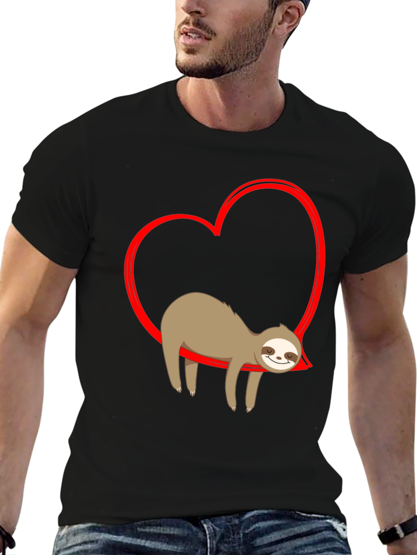 Sloth in Heart T-Shirt - Casual Black Tee