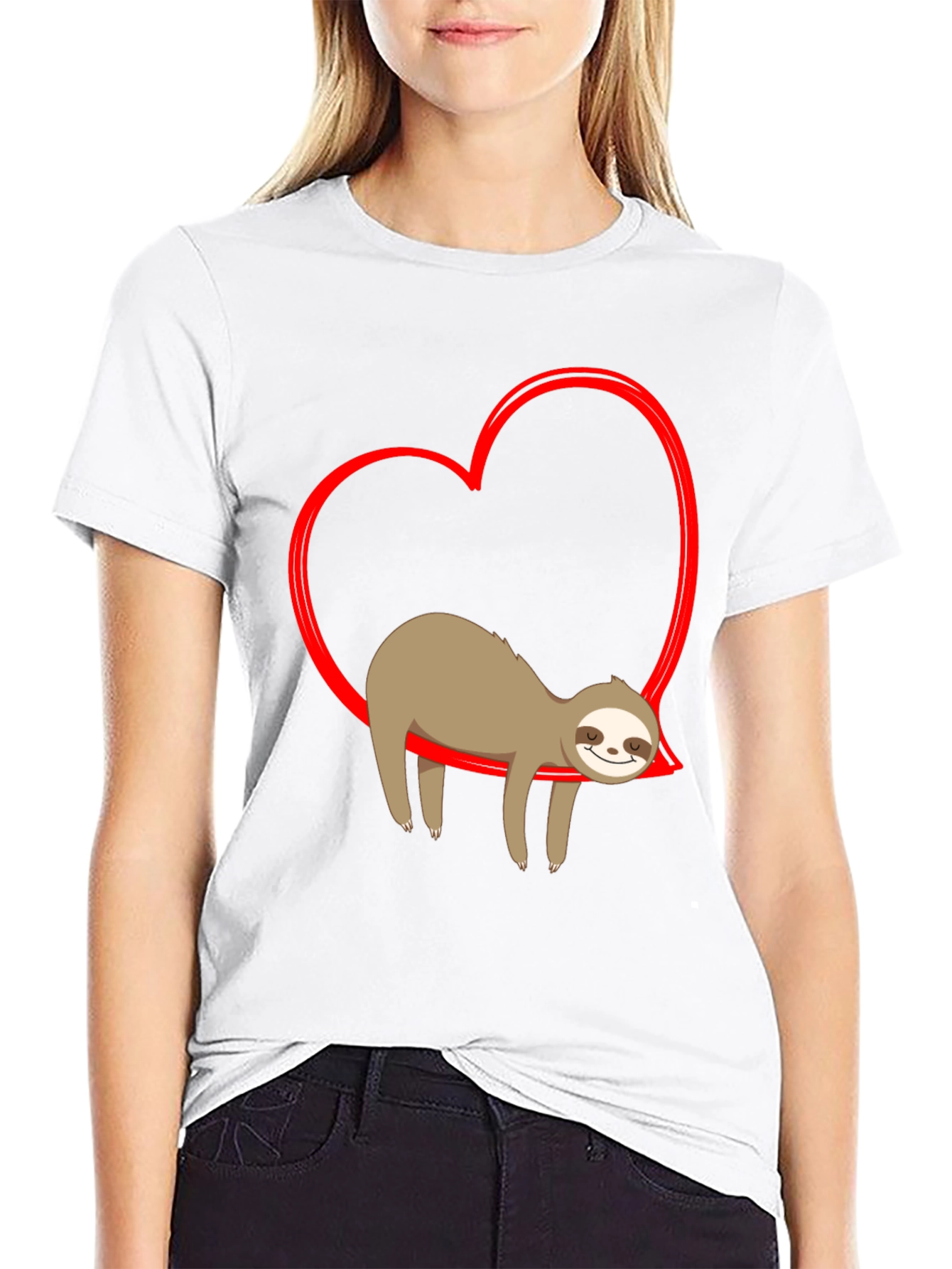 Sloth in Heart T-Shirt - Casual Black Tee