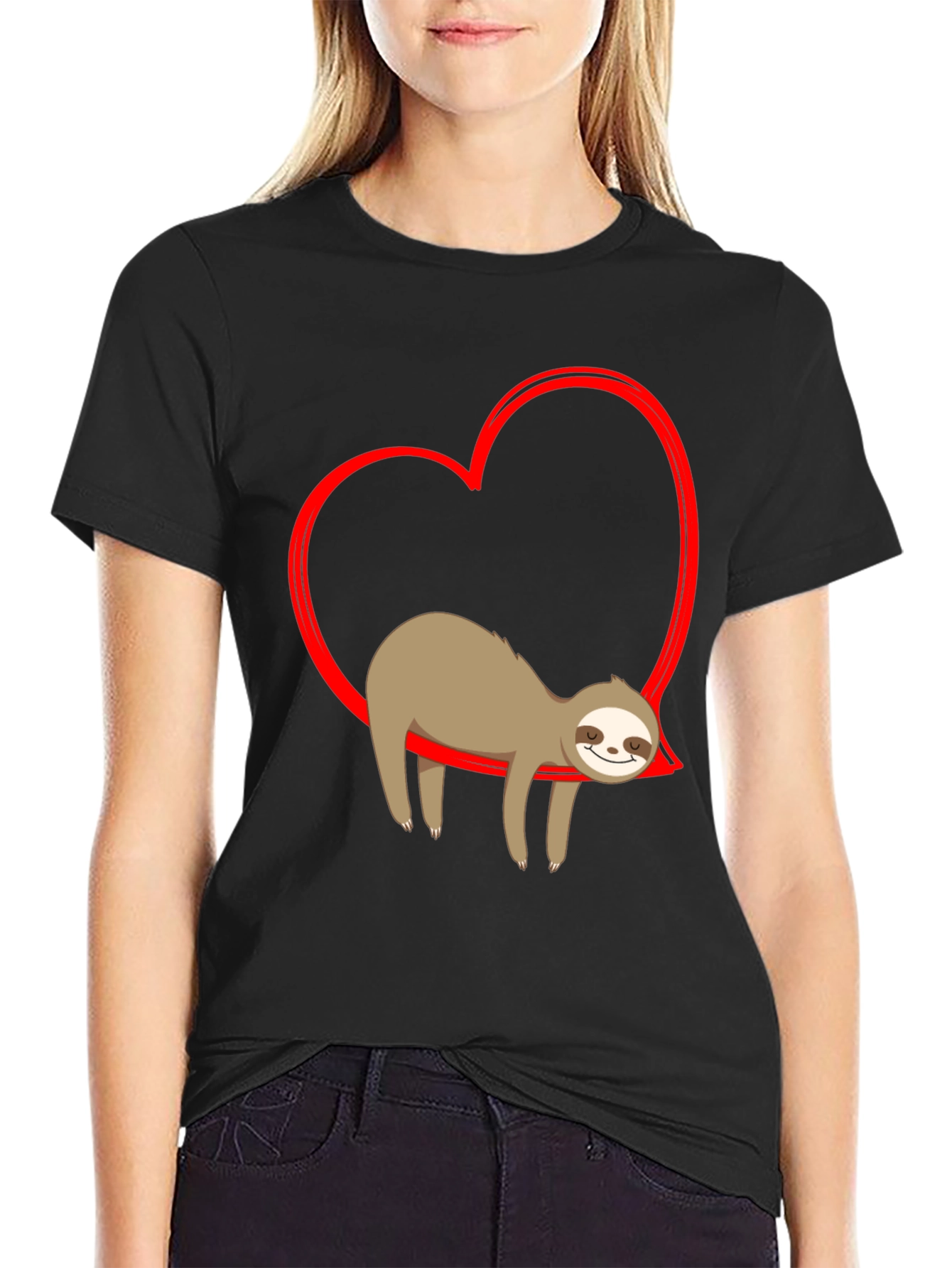 Sloth in Heart T-Shirt - Casual Black Tee