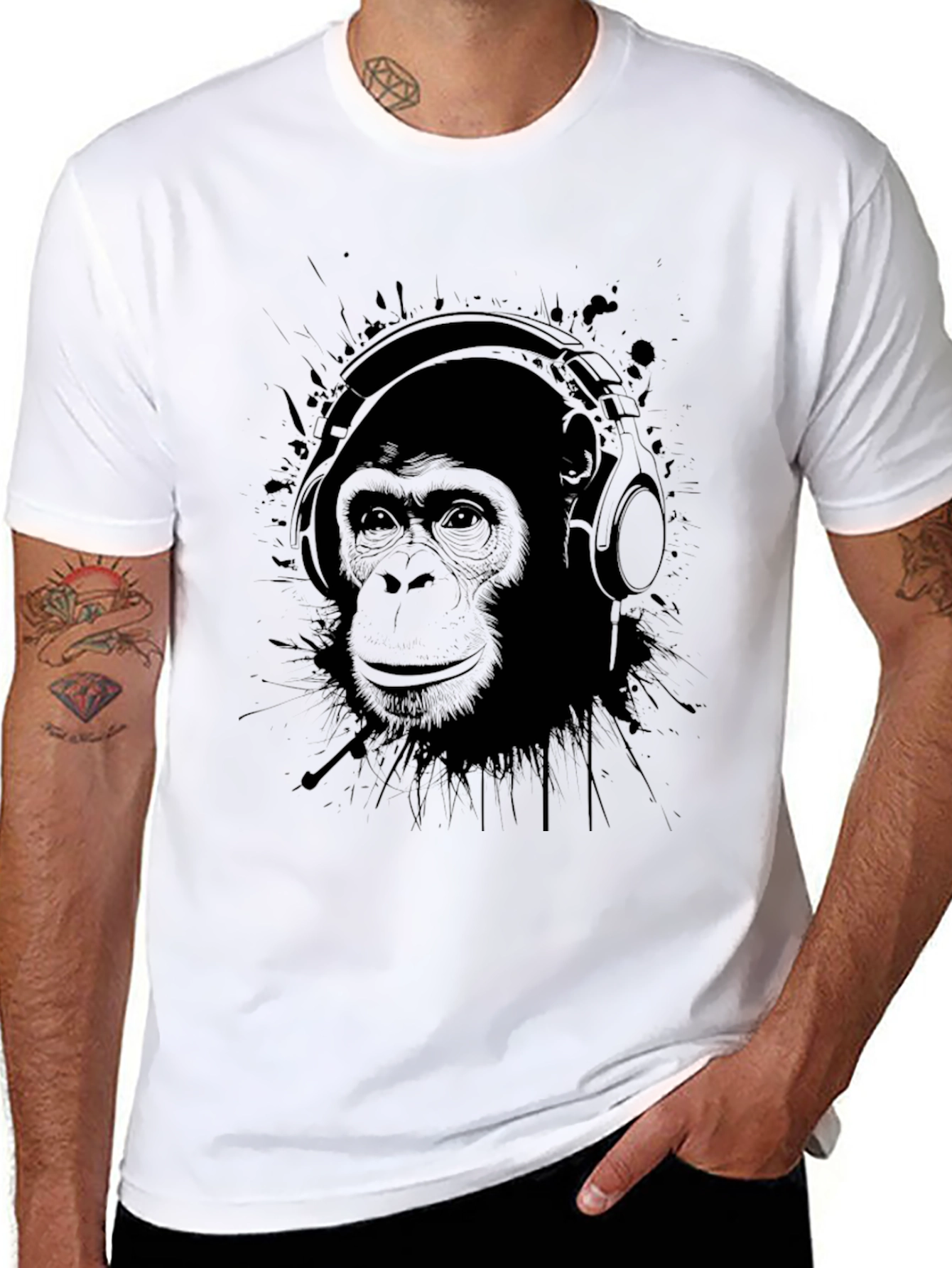 Chimpanzee Headphones Graphic Tee - Black Cotton