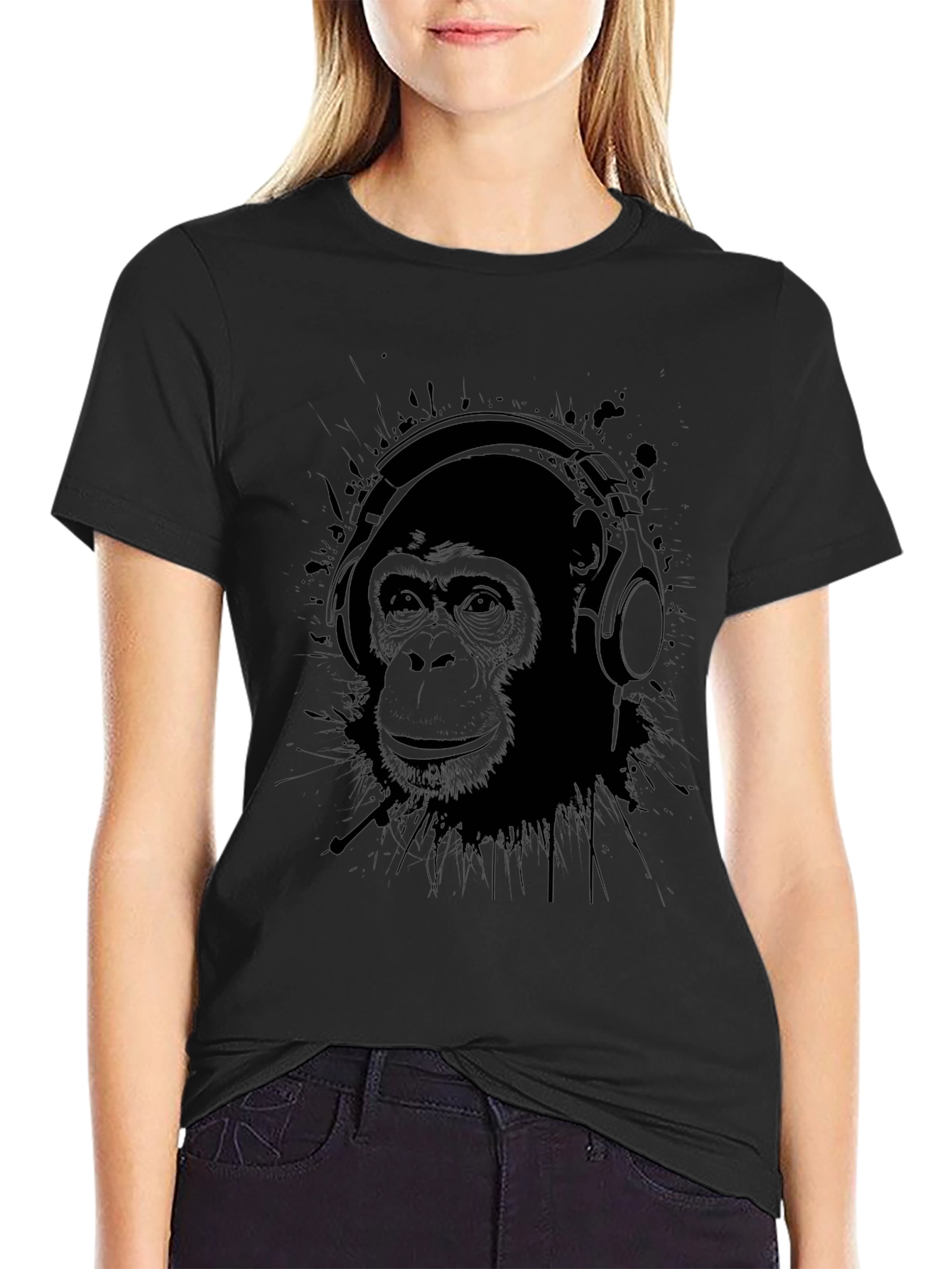 Chimpanzee Headphones Graphic Tee - Black Cotton