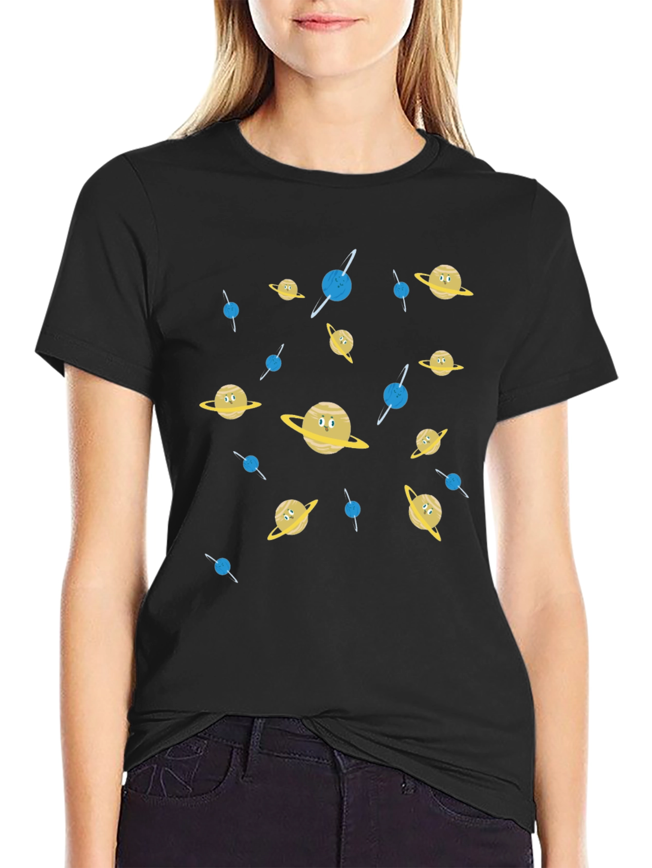 Cartoon Planets Graphic Print Black T-Shirt