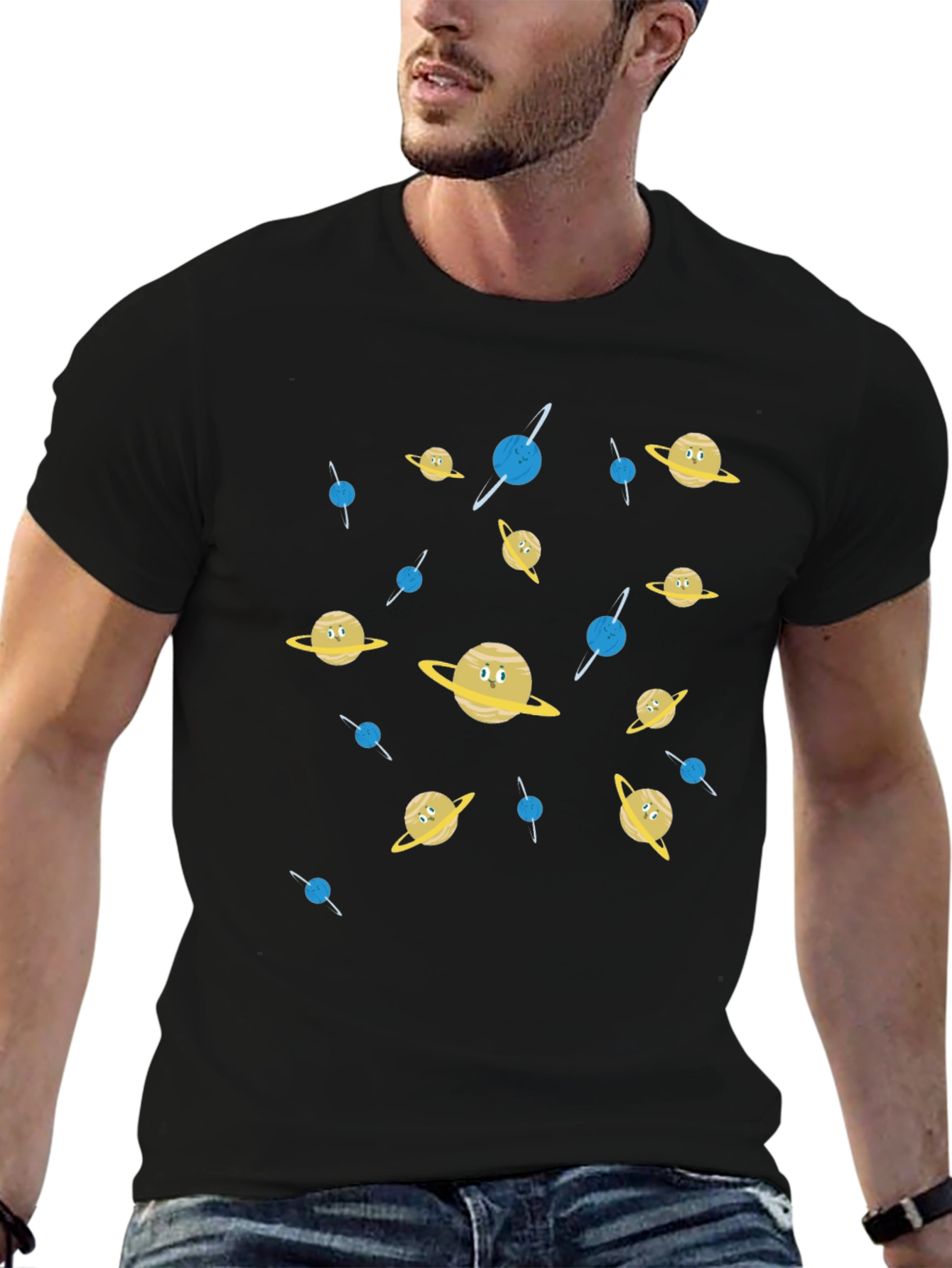 Cartoon Planets Graphic Print Black T-Shirt